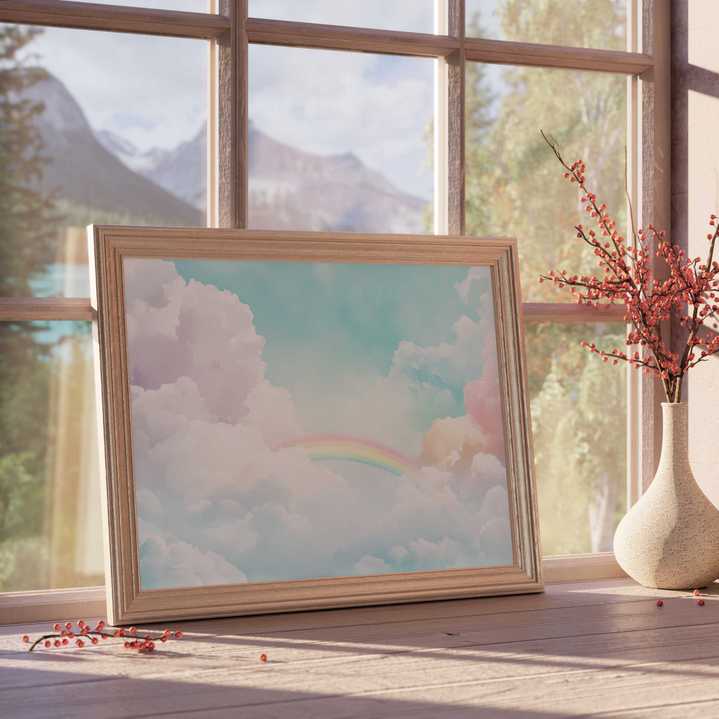 Nursery downloadable art featuring a serene pastel rainbow above soft clouds, elevating tranquil, curated spaces with a warm, gentle glow
