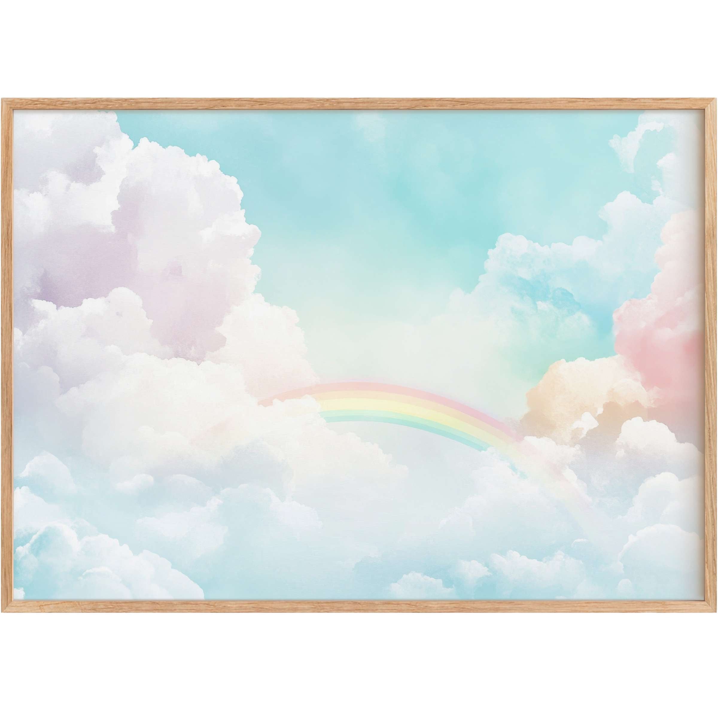 Soft pastel clouds embrace a delicate rainbow, creating serene, airy vibes in this nursery printable wall art