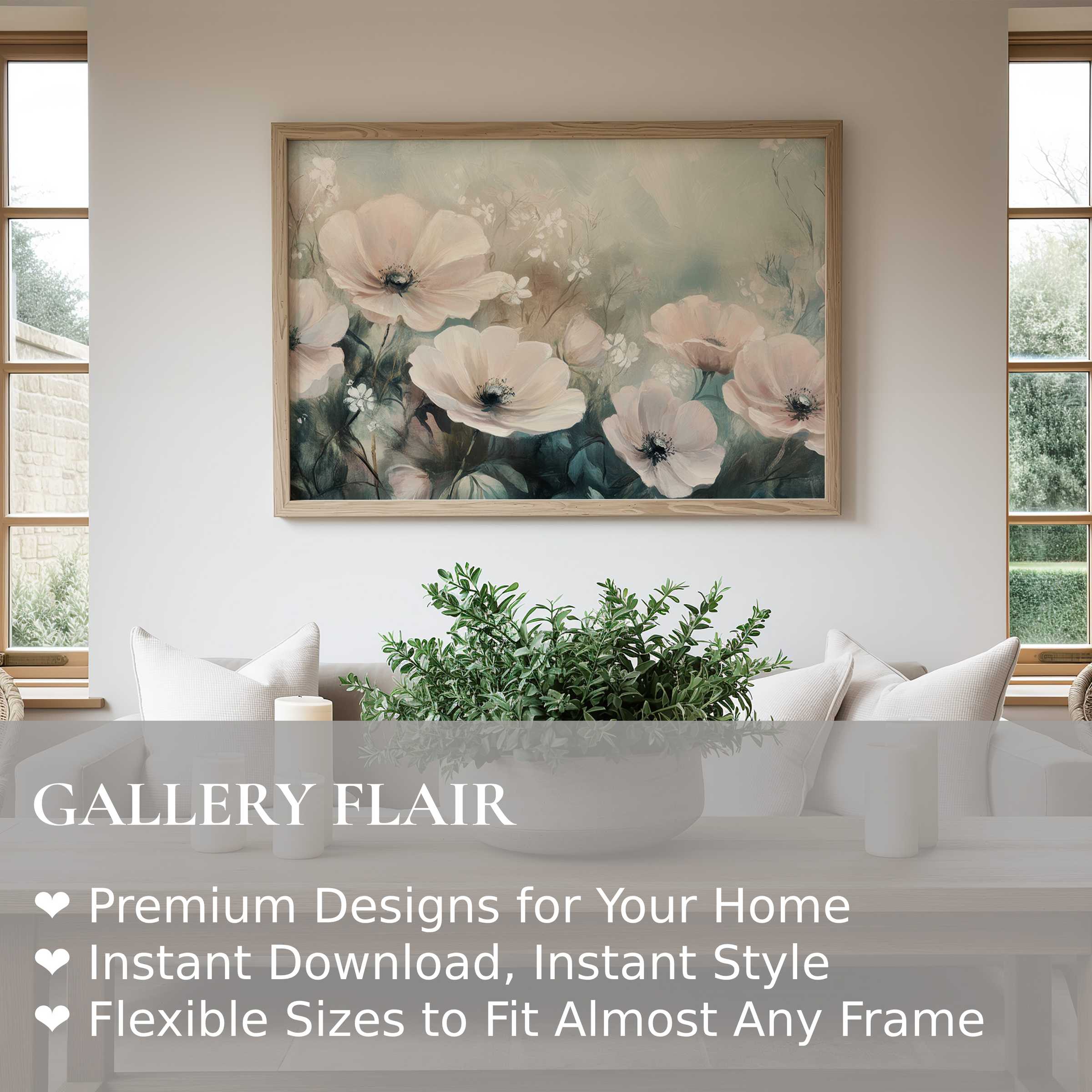 Serene floral wall art print with soft pastel blooms elevates this modern minimalist living space, adding calm elegance and natural charm