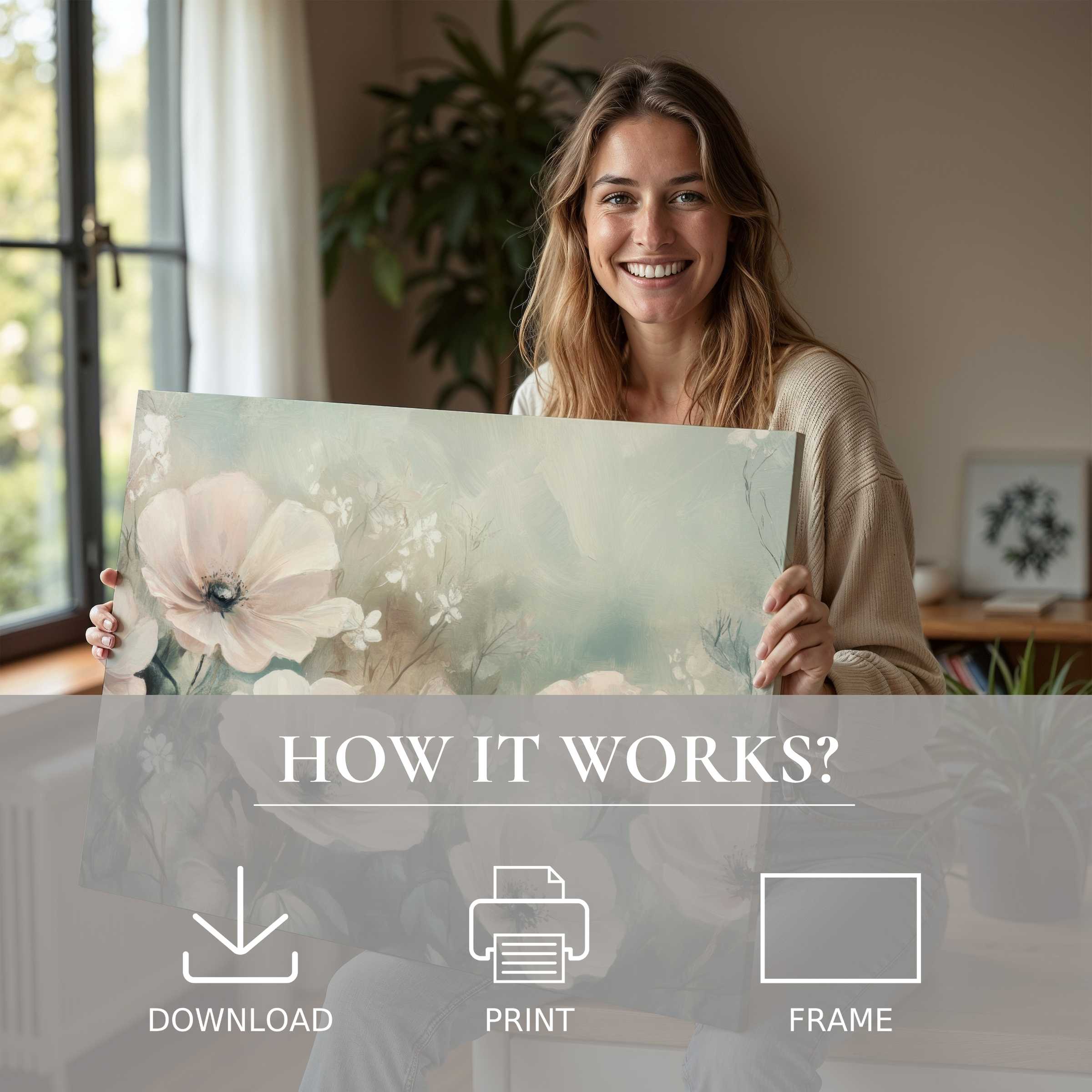 A joyful woman in a serene modern home reveals a soft-toned floral digital art print, embodying effortless elegance and the warm joy of living with art