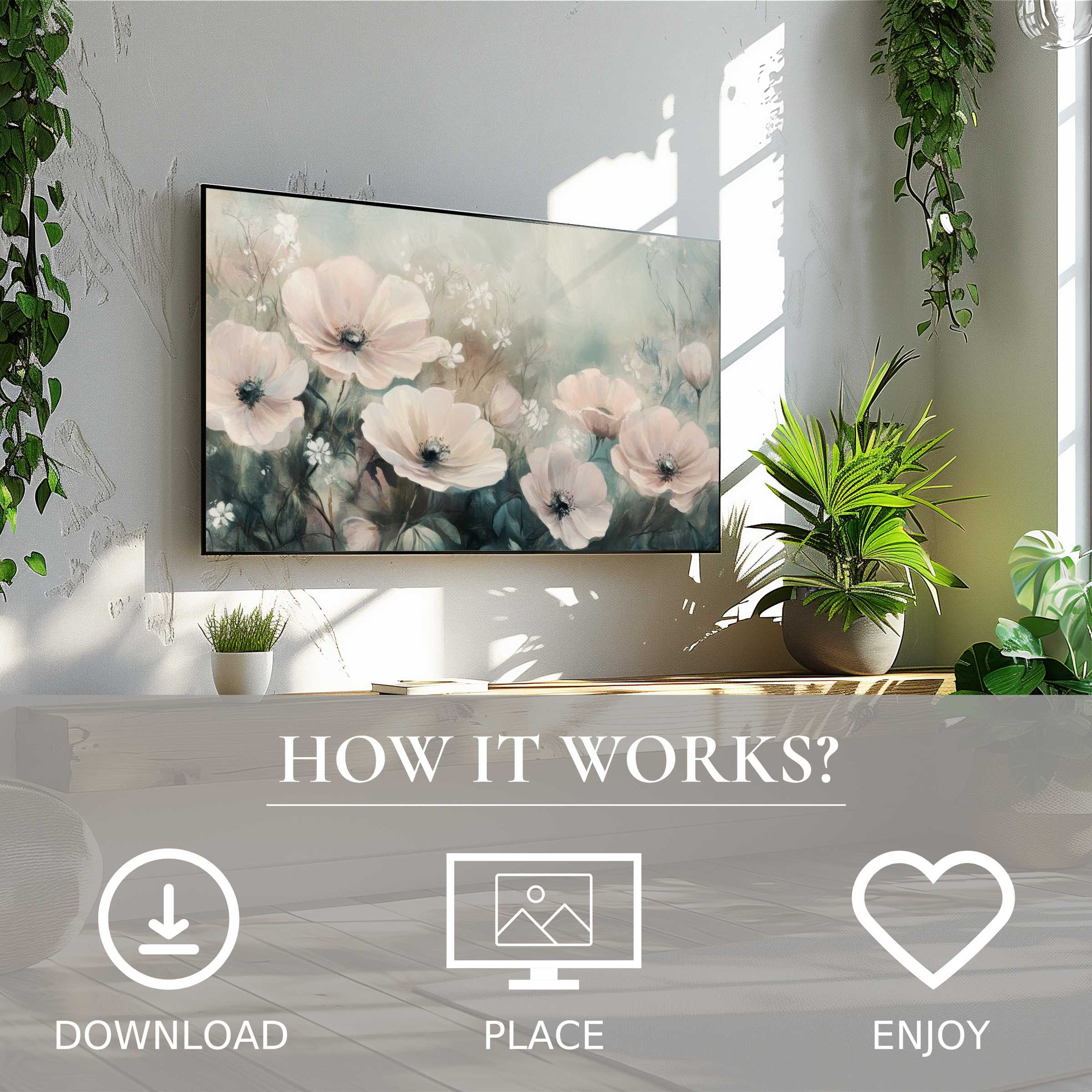 Floral art for Samsung TV with soft pastel blooms, easy digital download, perfect to enhance stylish living spaces