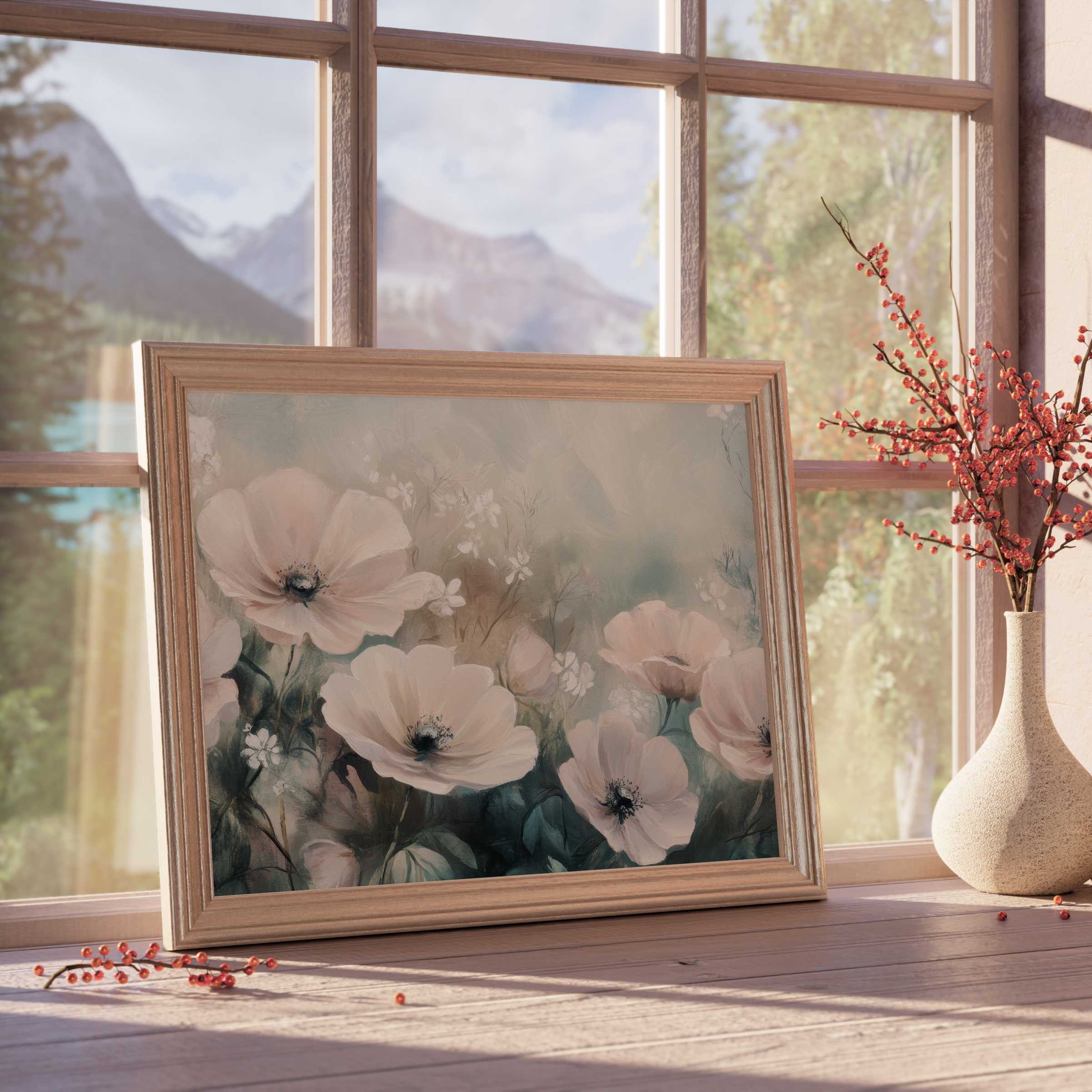 Elegant floral downloadable art with soft blush blooms in serene tones, perfect for curated, tranquil modern interiors