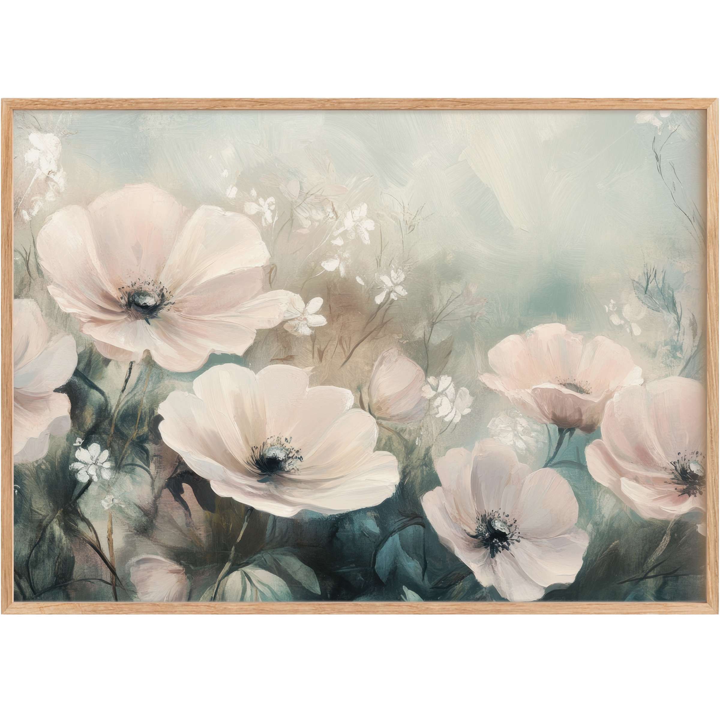 Ethereal floral printable wall art with soft blush blooms and muted teal greens, creating a calming, sophisticated ambiance