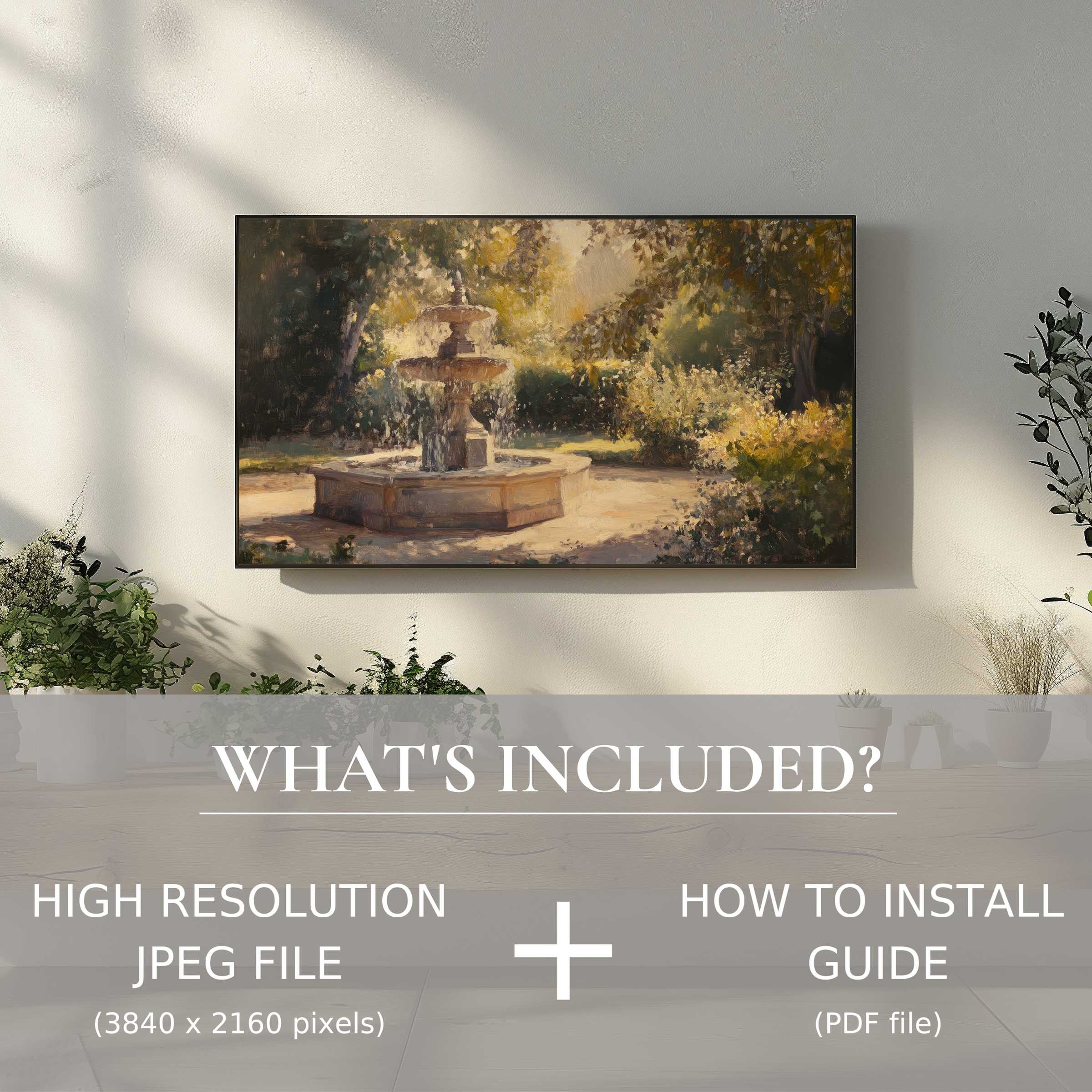 Elegant vintage digital TV art download enhances living spaces with easy digital use and timeless garden fountain charm