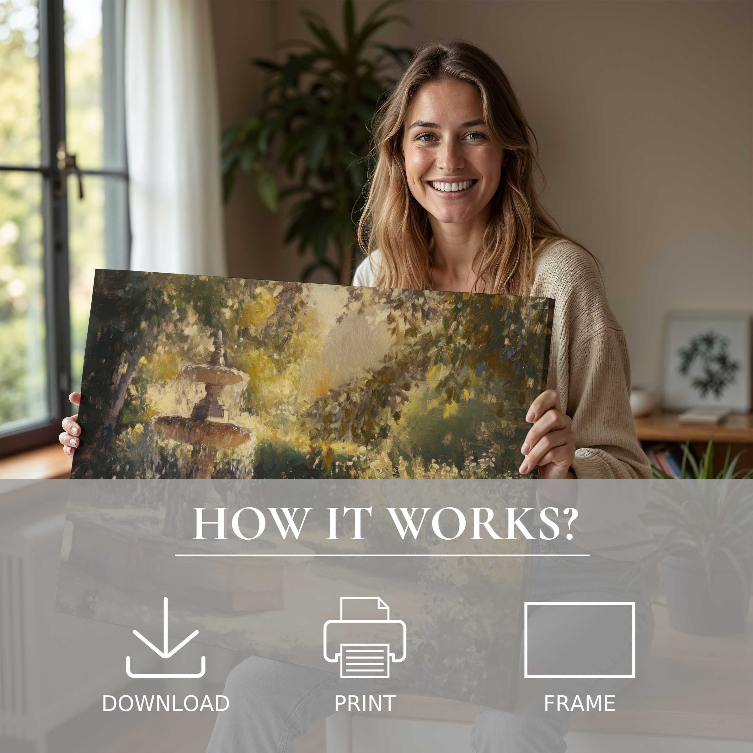 Refined woman radiates joy in a sunlit modern home, embracing the timeless warmth of a vintage digital art print