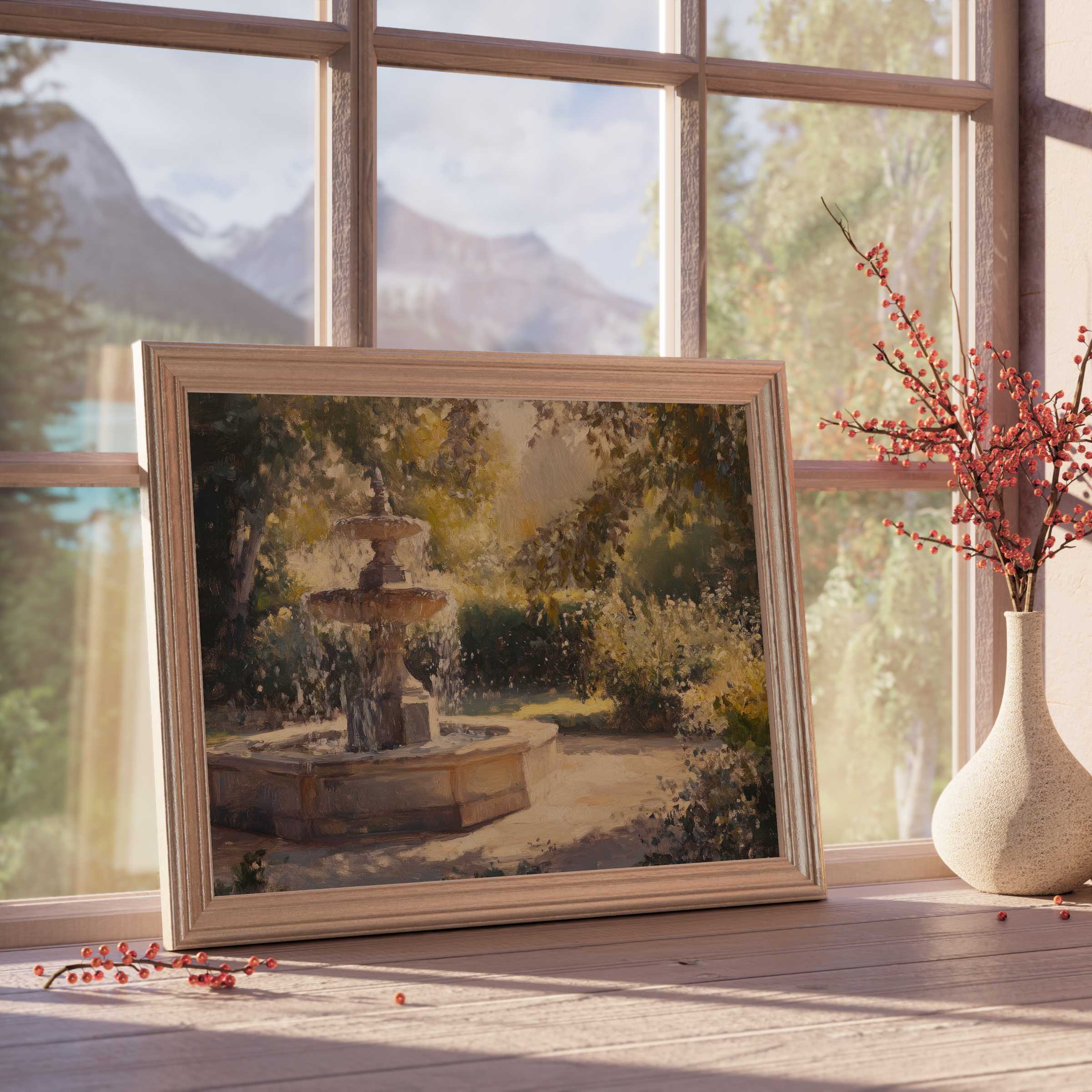 Vintage downloadable art of a sunlit garden fountain, radiating calm warmth and timeless elegance for curated interiors