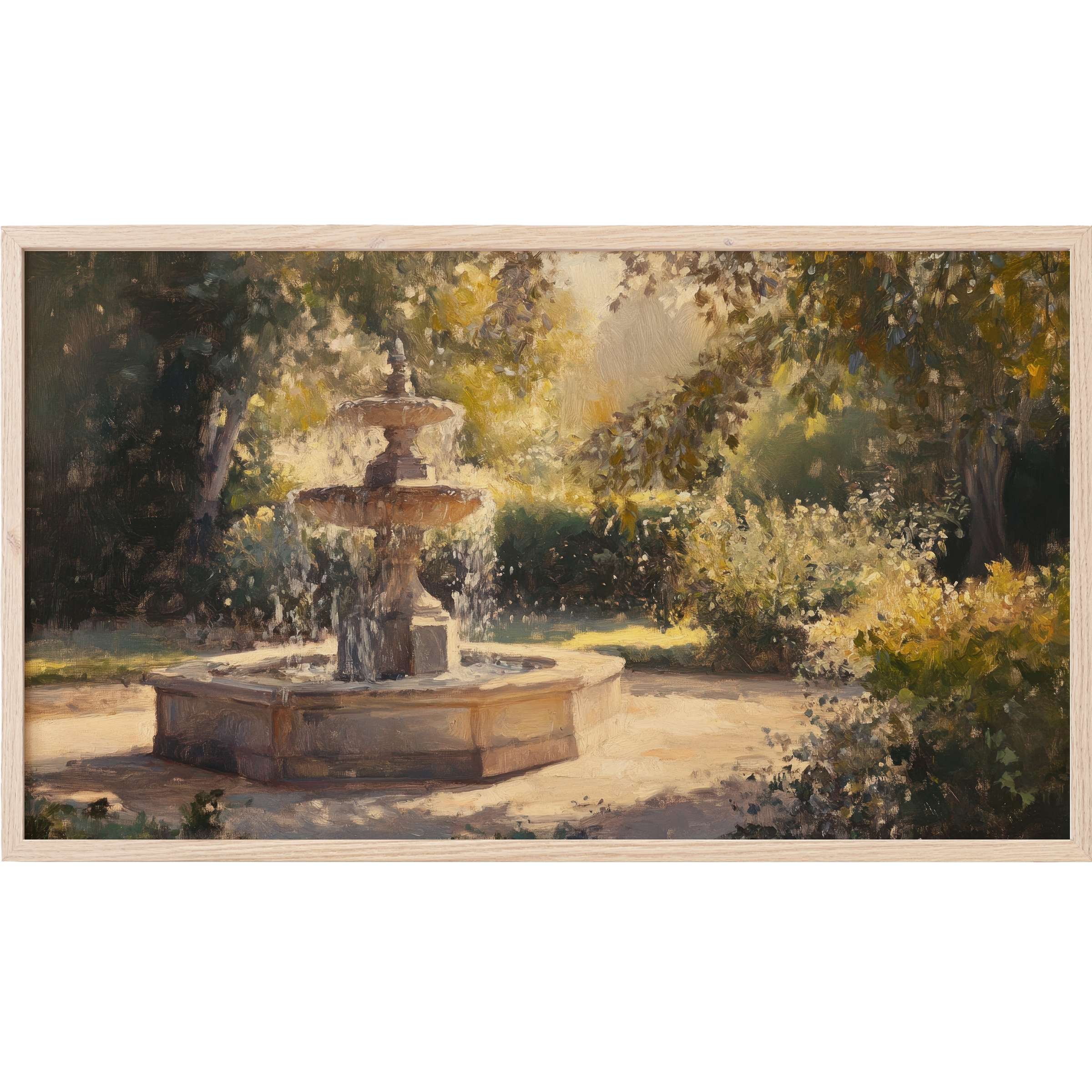 Sunlit garden scene with stone fountain, warm earthy tones and soft impressionist brushstrokes, vintage Frame TV Art