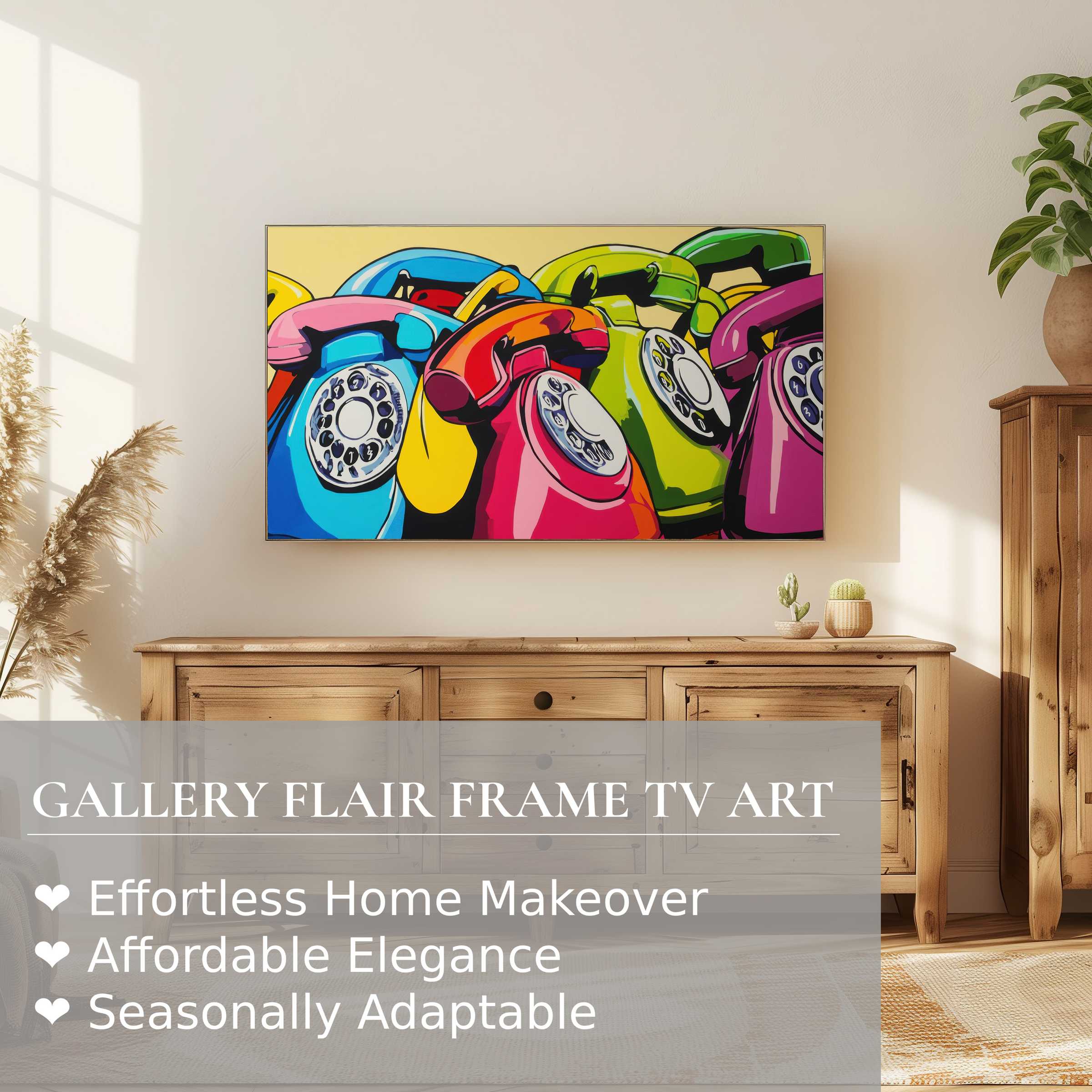 Samsung Frame TV displays vibrant pop art digital artwork of colorful retro phones in a modern, elegant living space