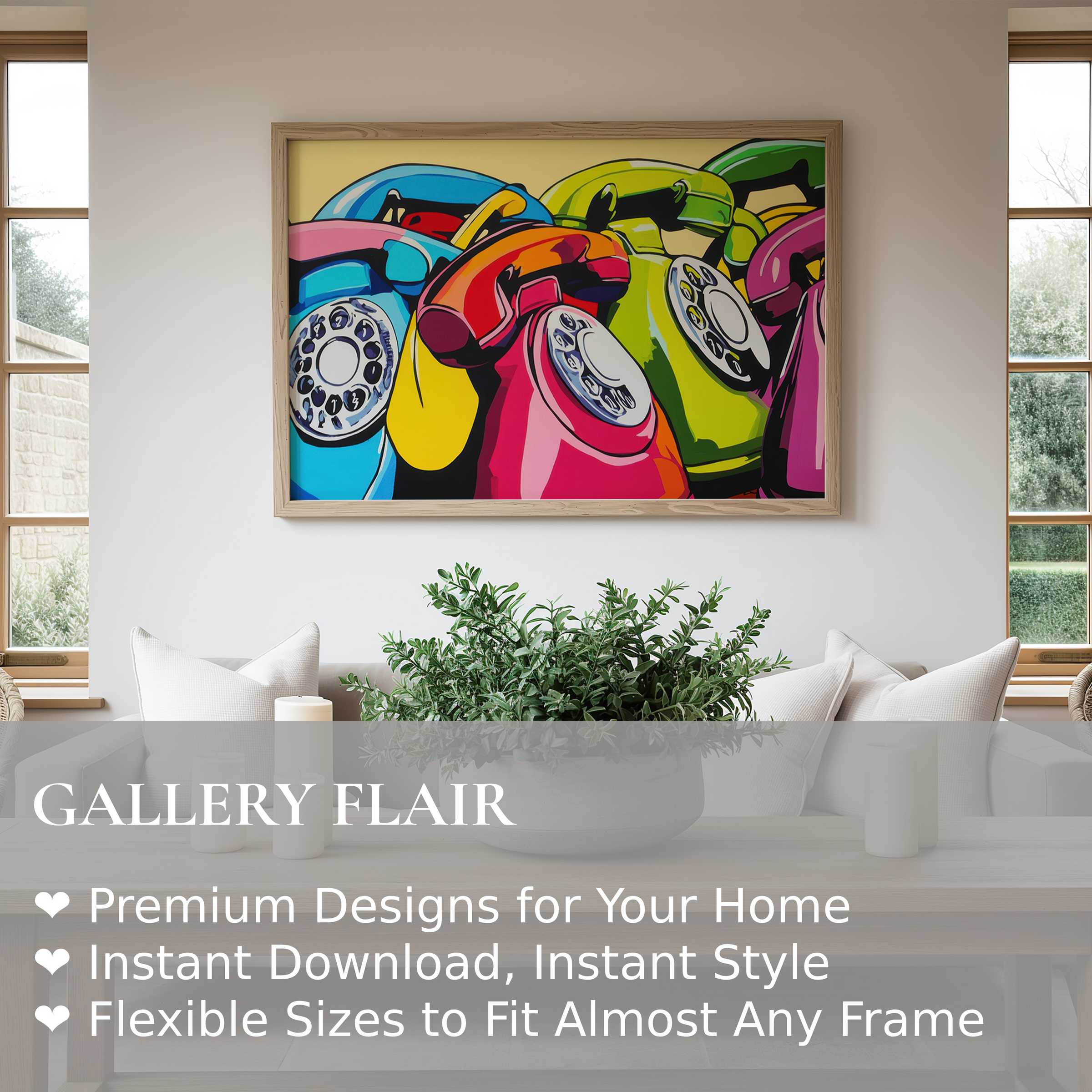 Vibrant pop art wall art print featuring retro rotary phones in bold, saturated hues, elevating sleek, modern interiors with nostalgic charm