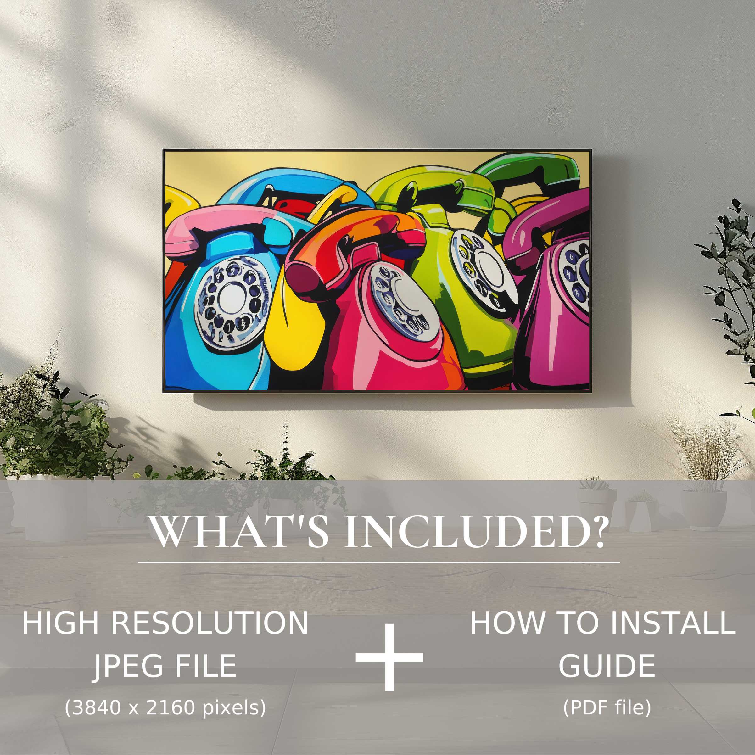 Stylish living space featuring vibrant pop art digital TV art download of retro phones, easy to use and elevate décor
