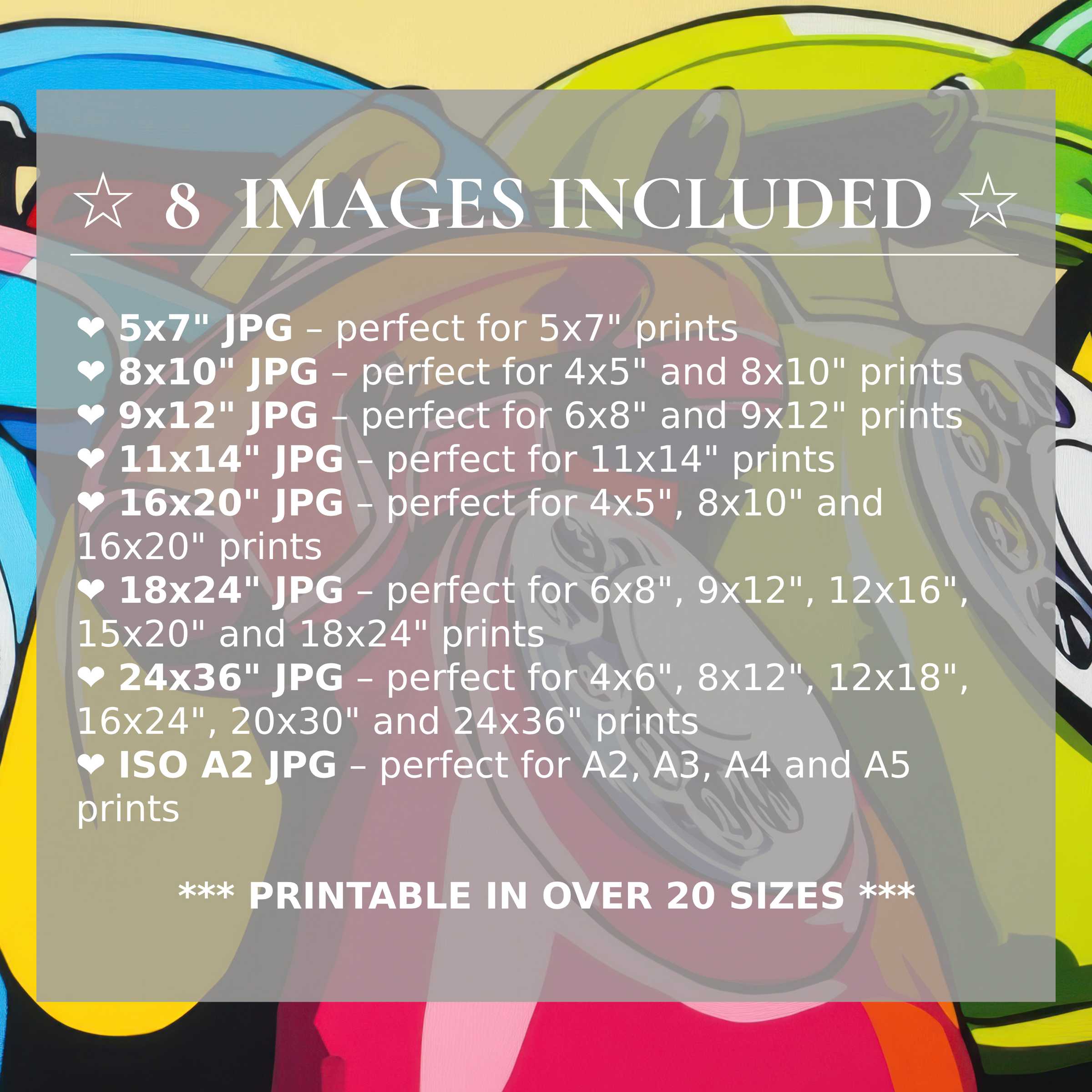 Radiant pop art digital print in vibrant blue, yellow, and pink hues, included in 8 high-quality sizes for modern interiors