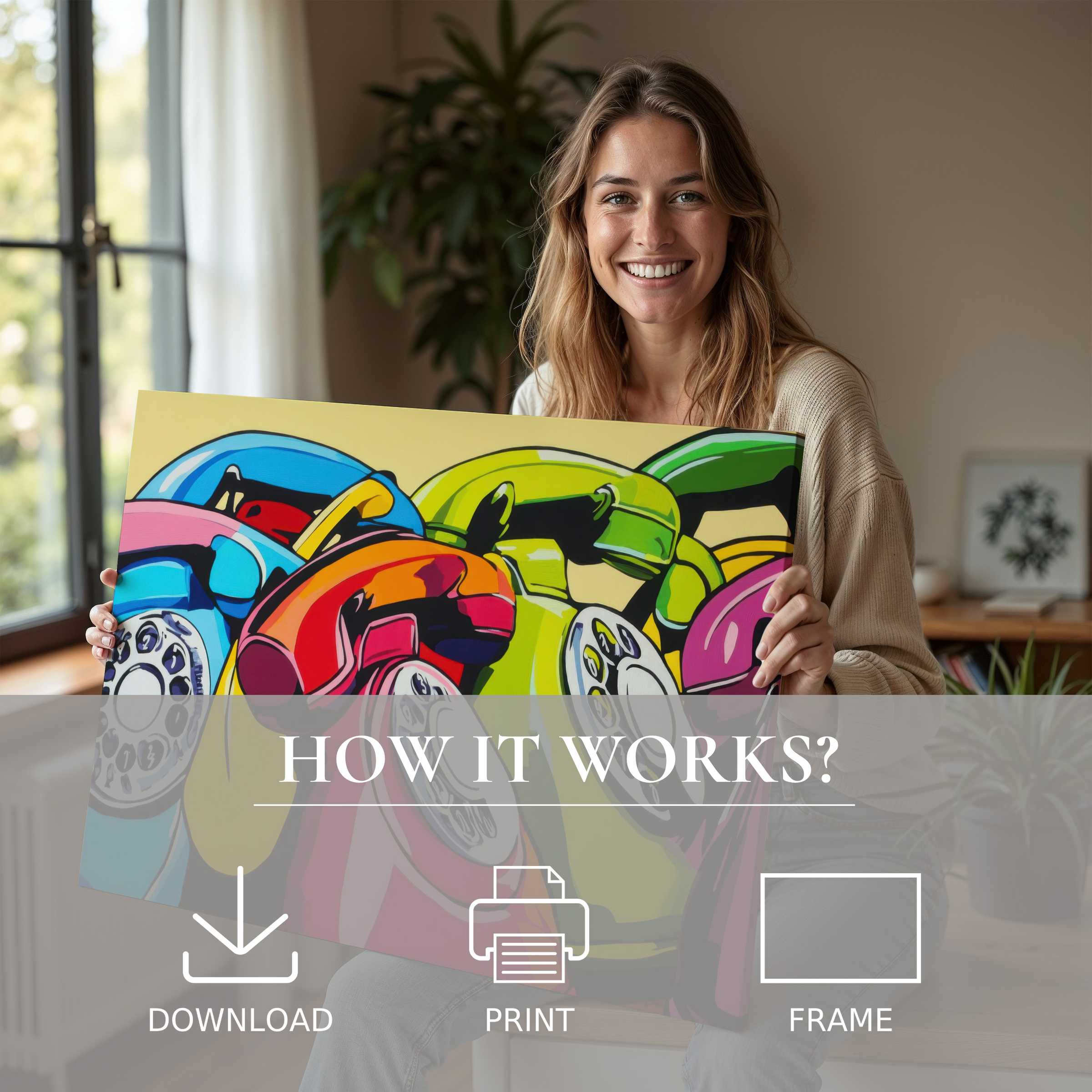 A joyful moment embracing vibrant pop art digital art print, illuminating a modern home with effortless style and warmth