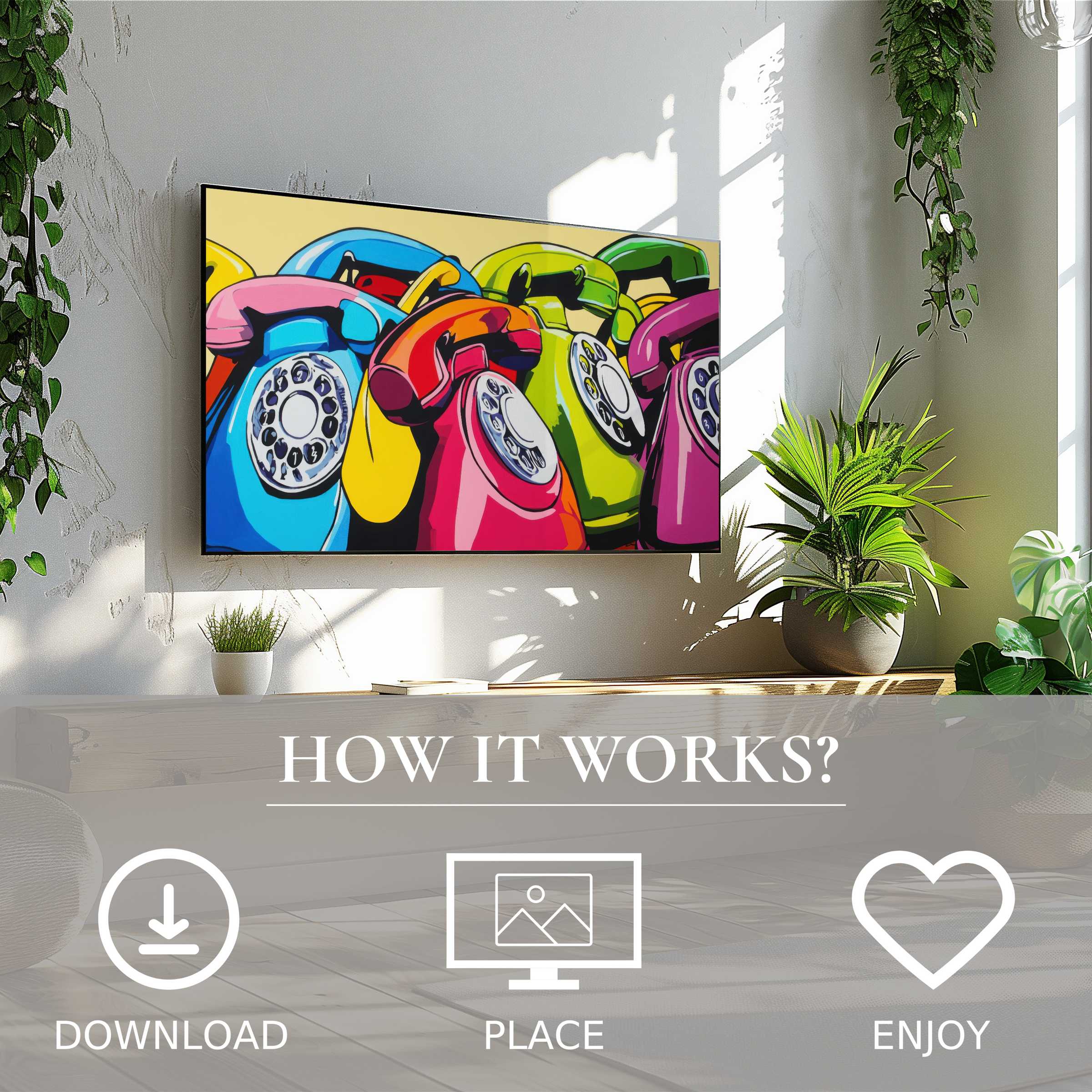 Pop art art for Samsung TV shows vibrant retro phones; easy digital download enriches modern living with bold color flow