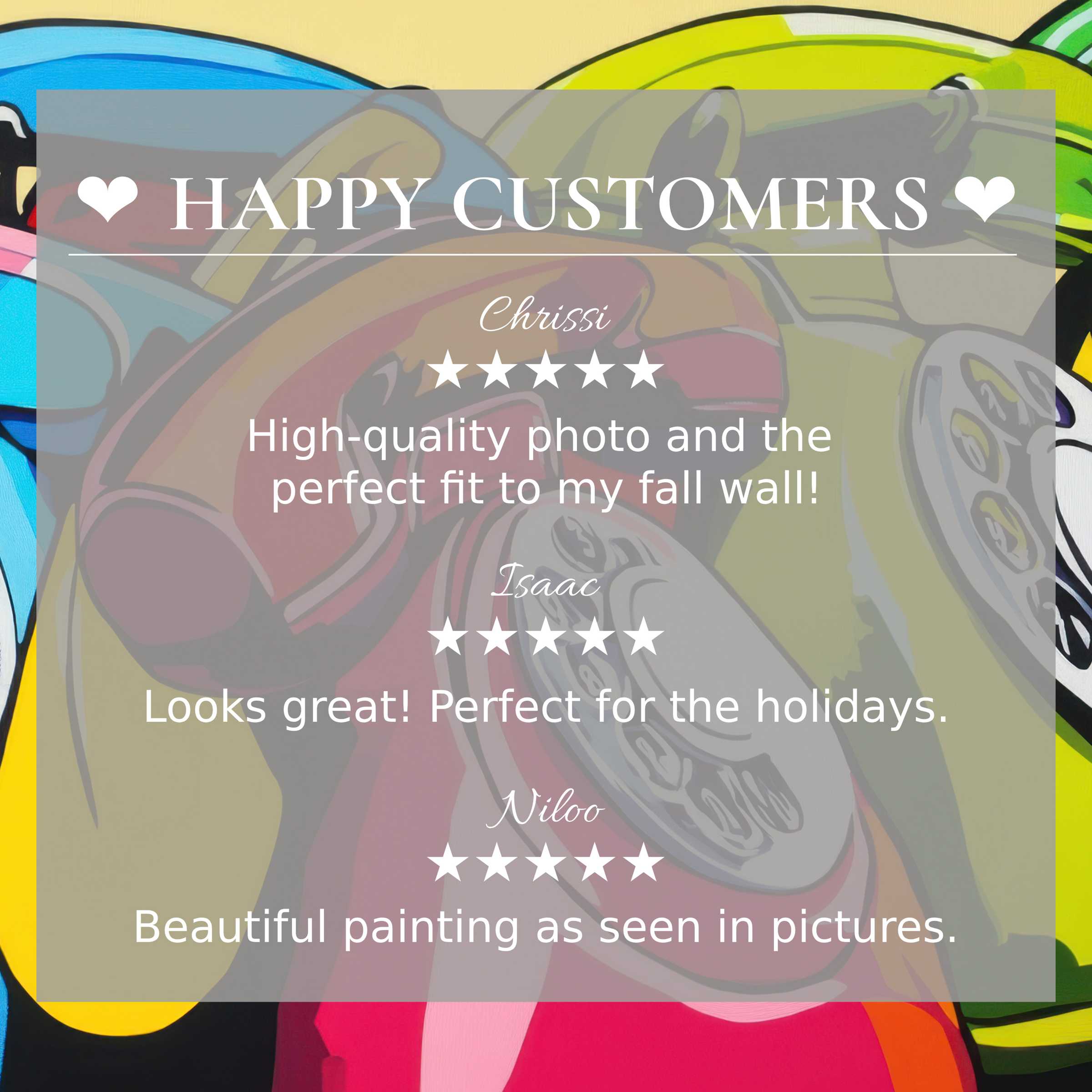 Pop art for Frame TV with abstract sunset colors, showcasing happy customer reviews and elegant design trust