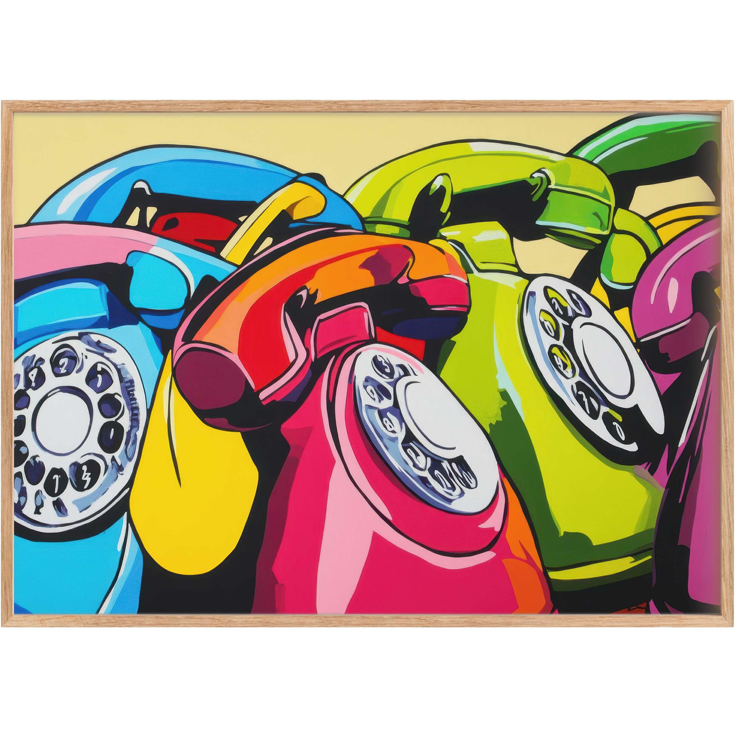 Vibrant pop art printable wall art featuring retro telephones in bold blues, reds, and greens, evoking energetic nostalgia