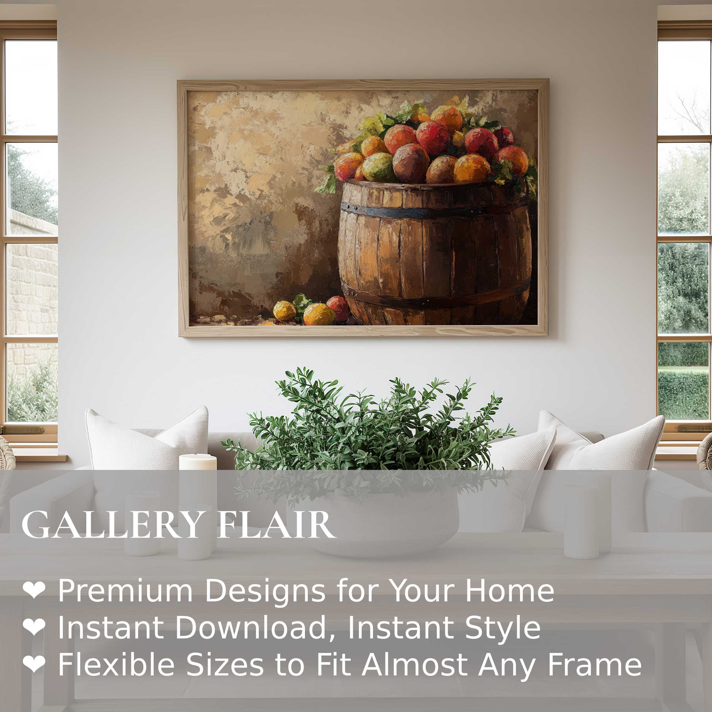 Farmhouse wall art print featuring a rustic wooden barrel of vibrant fruit, enhancing modern farmhouse elegance with warm, inviting charm
