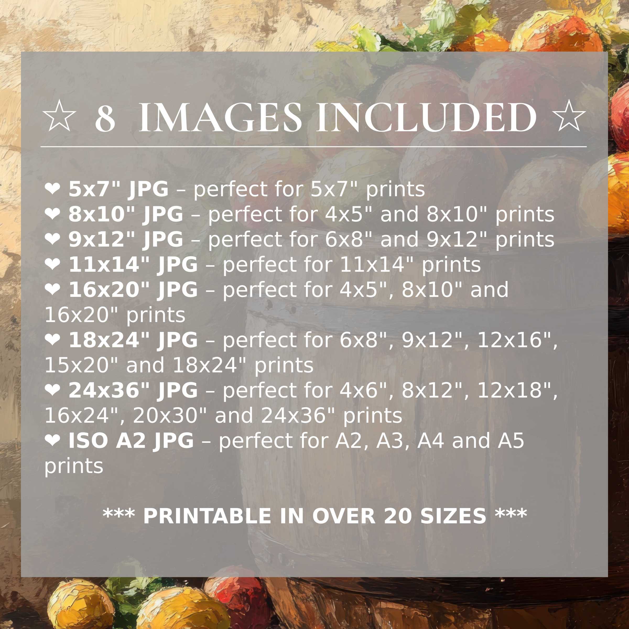 Farmhouse digital print with radiant earth tones and vibrant floral hues, offered in 8 high-quality sizes included for seamless modern decor