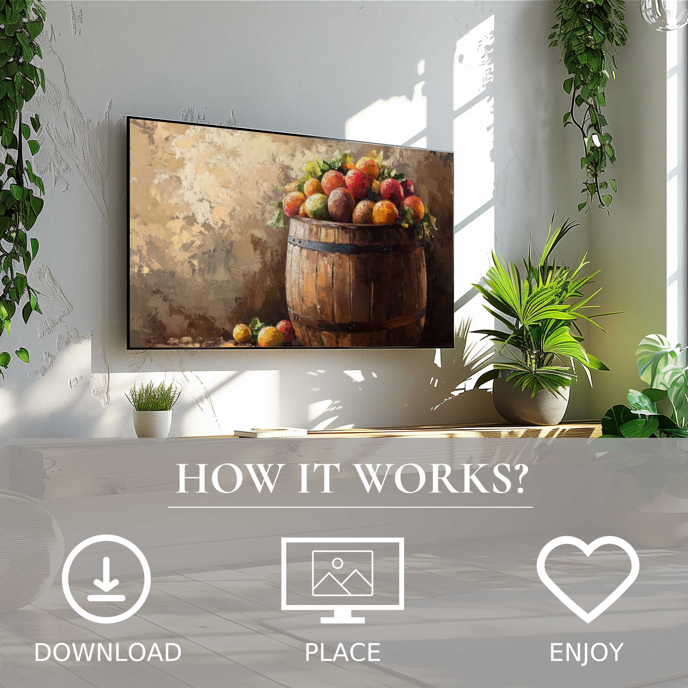 Farmhouse art for Samsung TV showing rustic fruit barrel in warm earth tones, easy digital download enriches your space