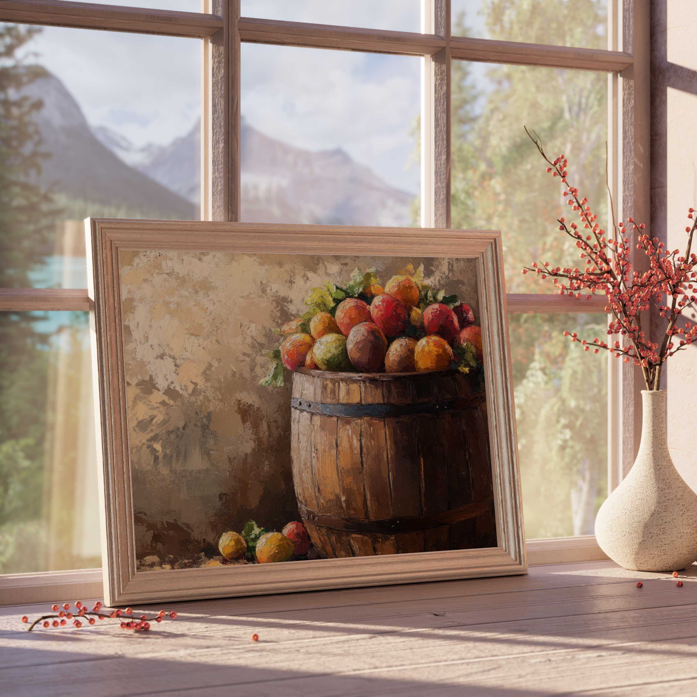 Farmhouse downloadable art featuring rustic barrel and fresh fruit, evoking warm, curated tranquility in stylish interiors