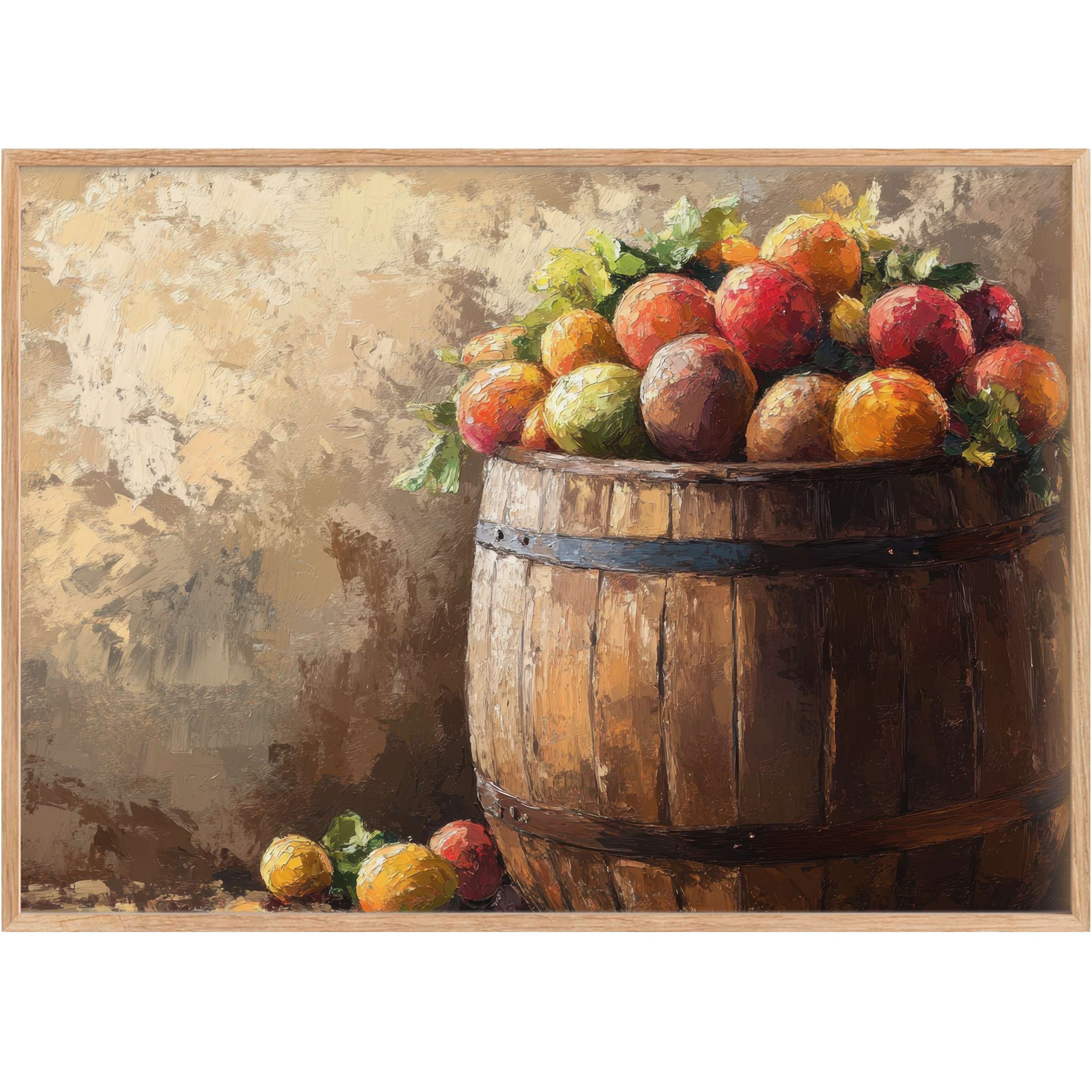 Rustic charm meets warmth in this farmhouse printable wall art, with rich earth tones and vibrant autumnal fruits creating a cozy, inviting ambiance