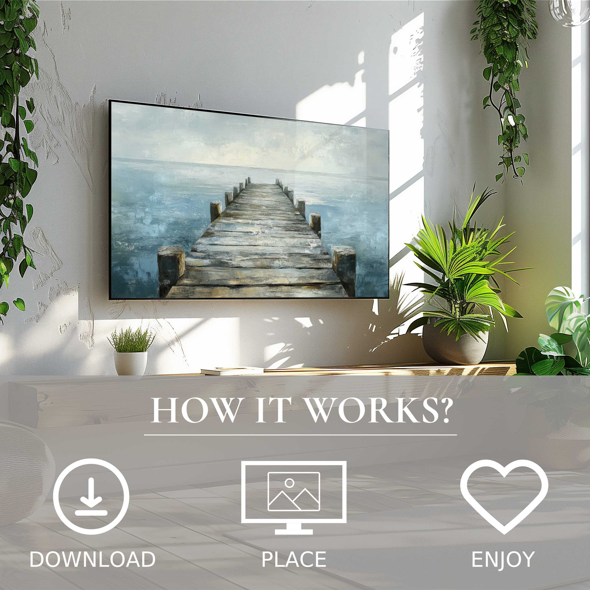 Coastal art for Samsung TV showing a serene pier with soft blue-gray tones, easy digital download enhances any space