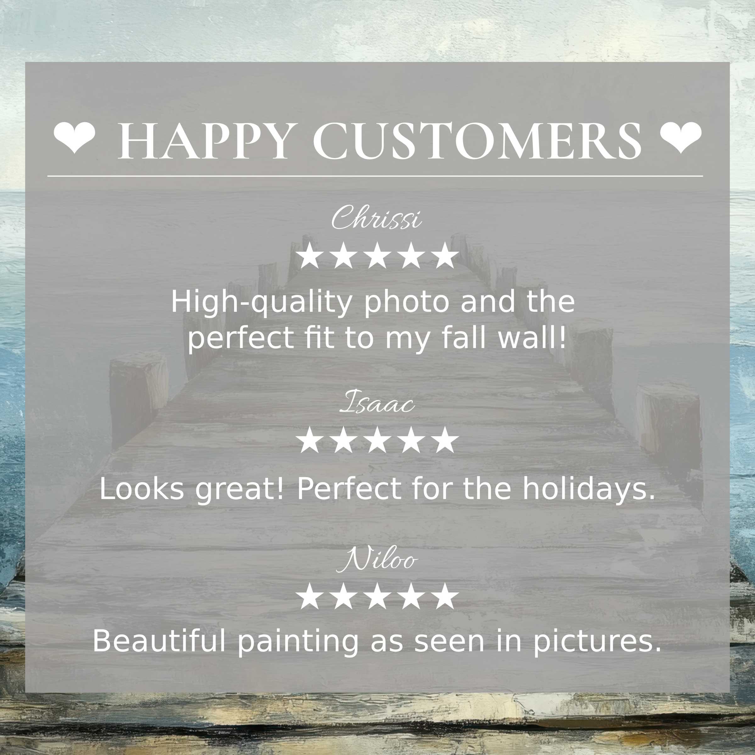 Coastal art for Frame TV with abstract ocean hues, showcasing happy customer reviews boosting trust and elegant style