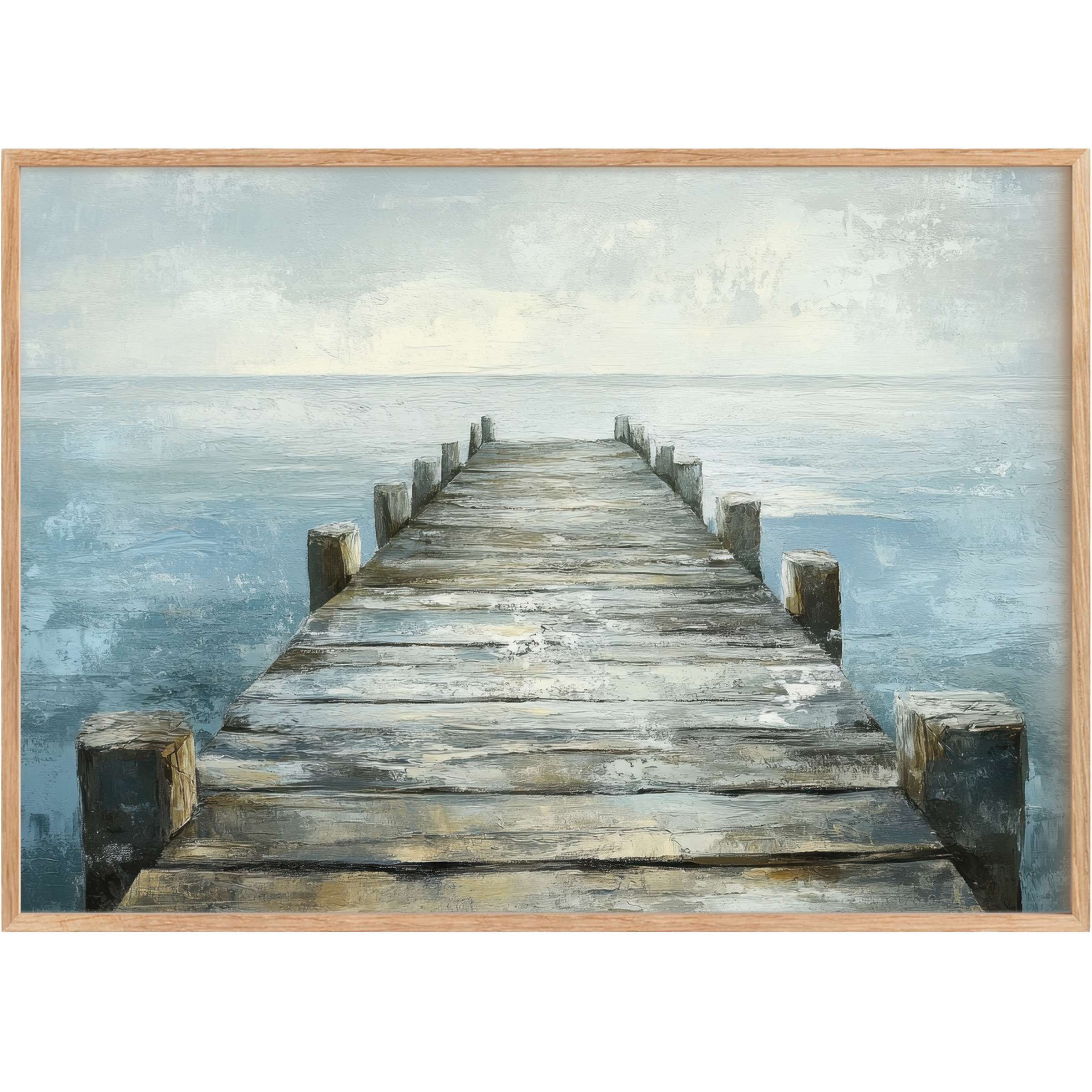 Coastal printable wall art featuring a weathered wooden pier, evoking serene blues and soft greys for a calming, timeless ambiance