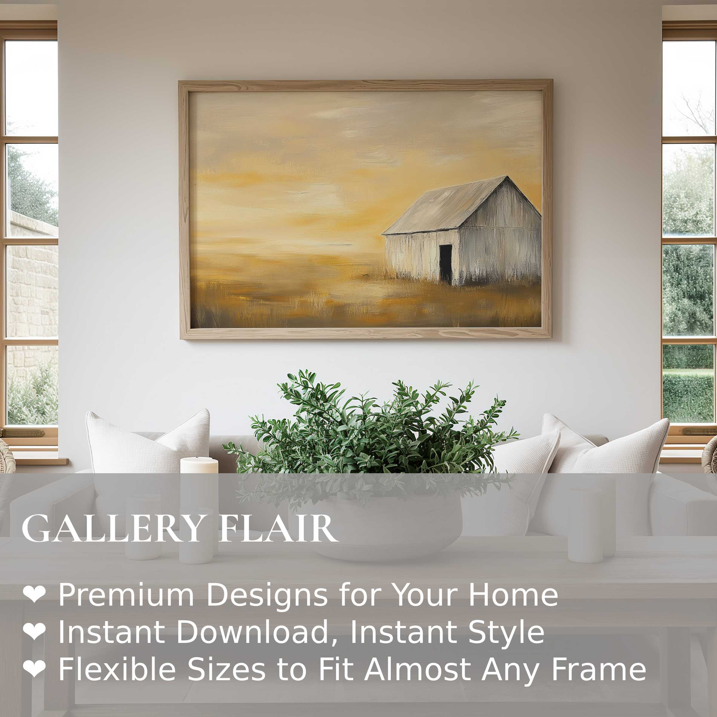 Summer wall art print with a radiant golden barn scene, enhancing modern rustic interiors with warm, calming ambiance and timeless elegance