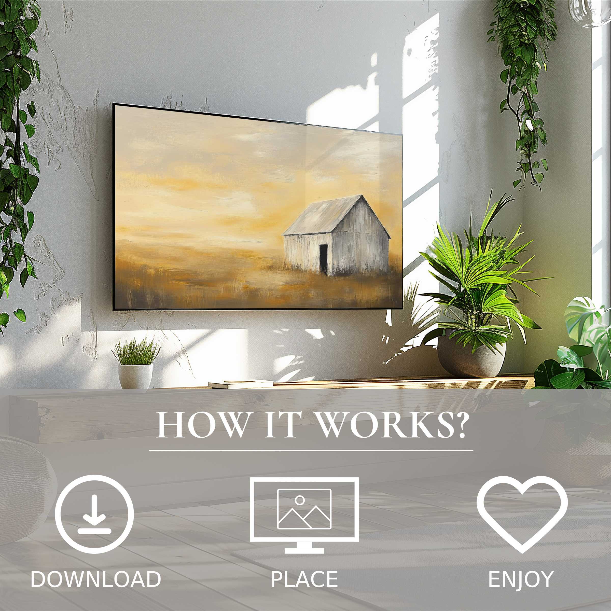 Summer art for Samsung TV shows soft sunset tones with a rustic house, easy digital download enriches modern living spaces