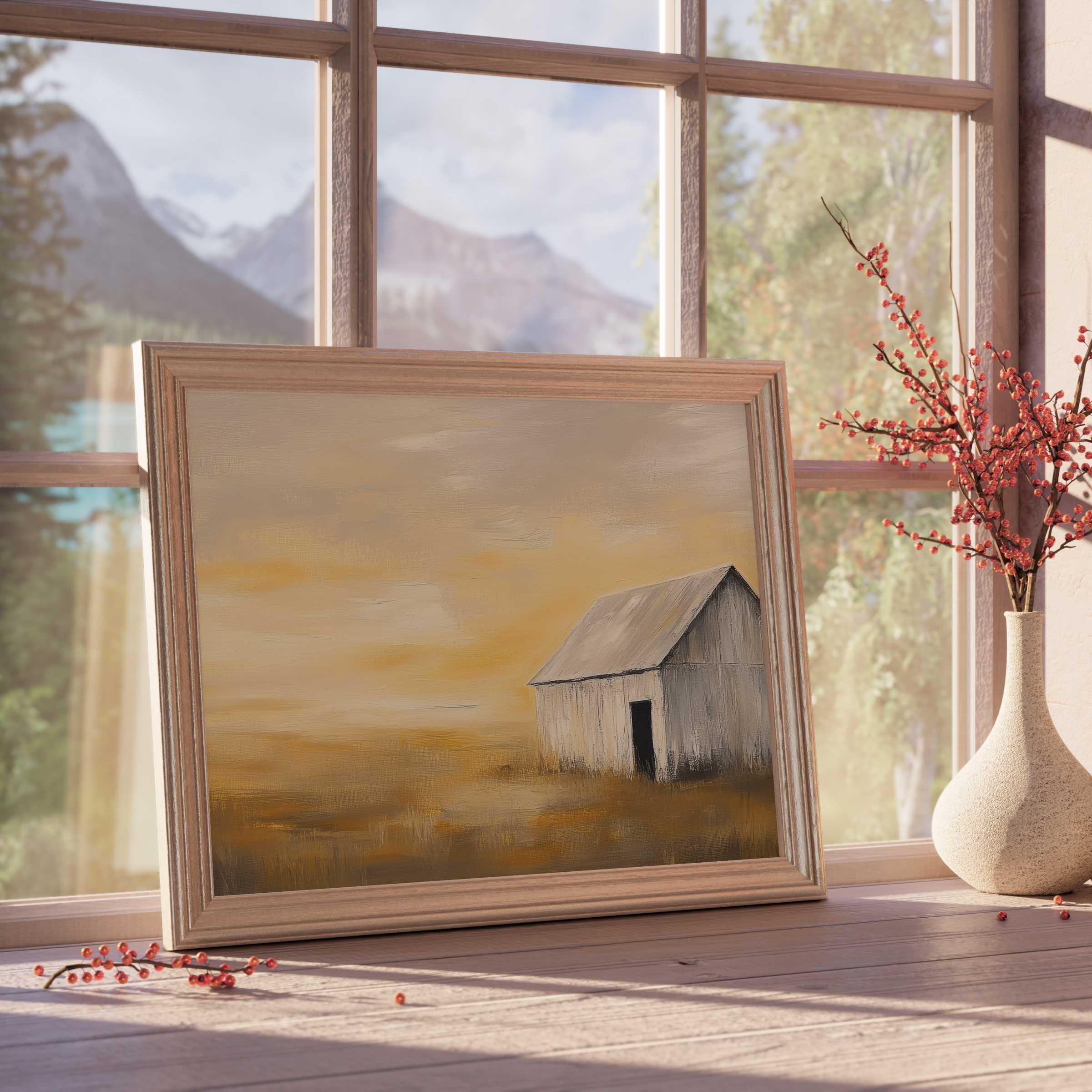 Summer downloadable art evoking warm serenity with a rustic barn scene, perfect for curated, tranquil interiors and premium decor