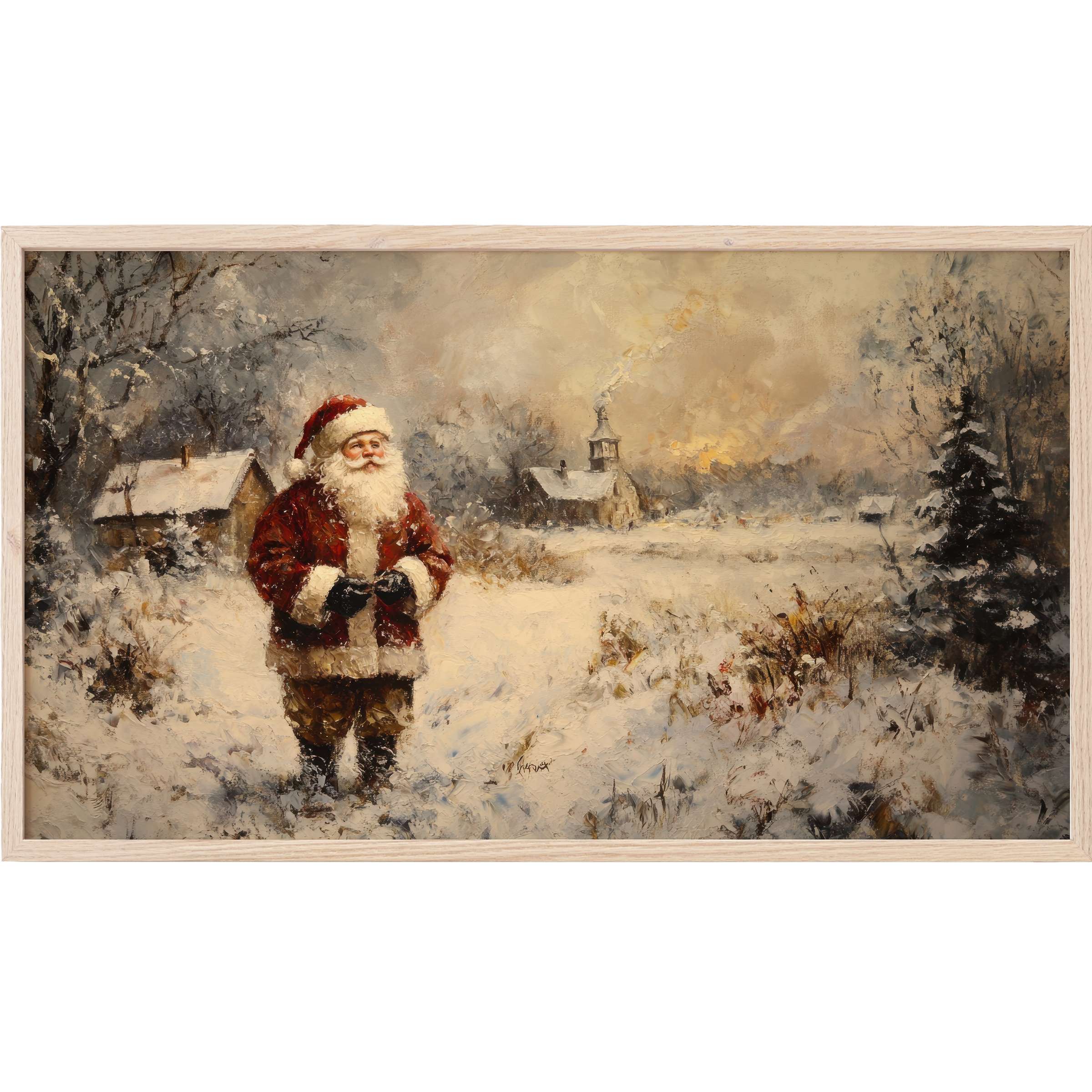 Classic Santa in textured snowy landscape with muted earth tones, warm light, perfect Christmas Frame TV Art for style-conscious homes