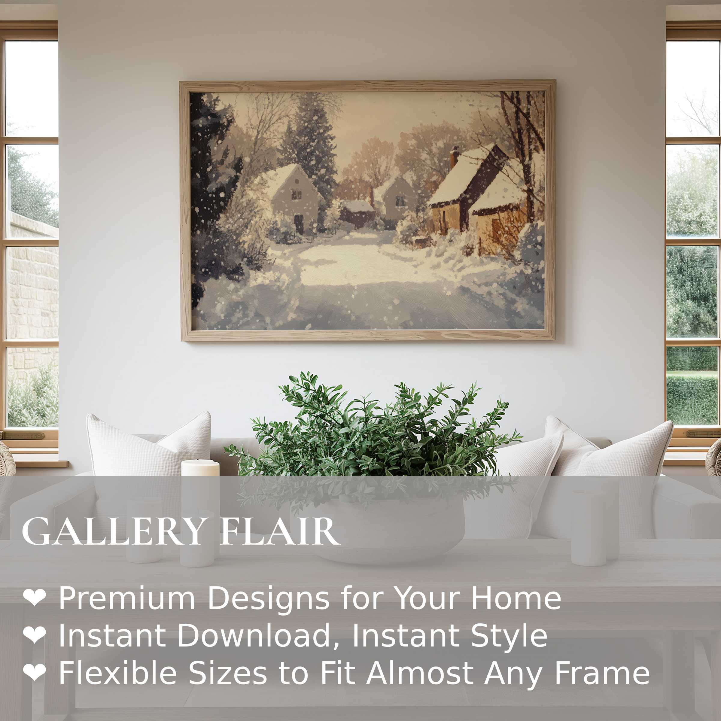 Winter wall art print featuring a serene snow-covered village in soft neutrals, enhancing modern minimalist living spaces with calming warmth and timeless elegance