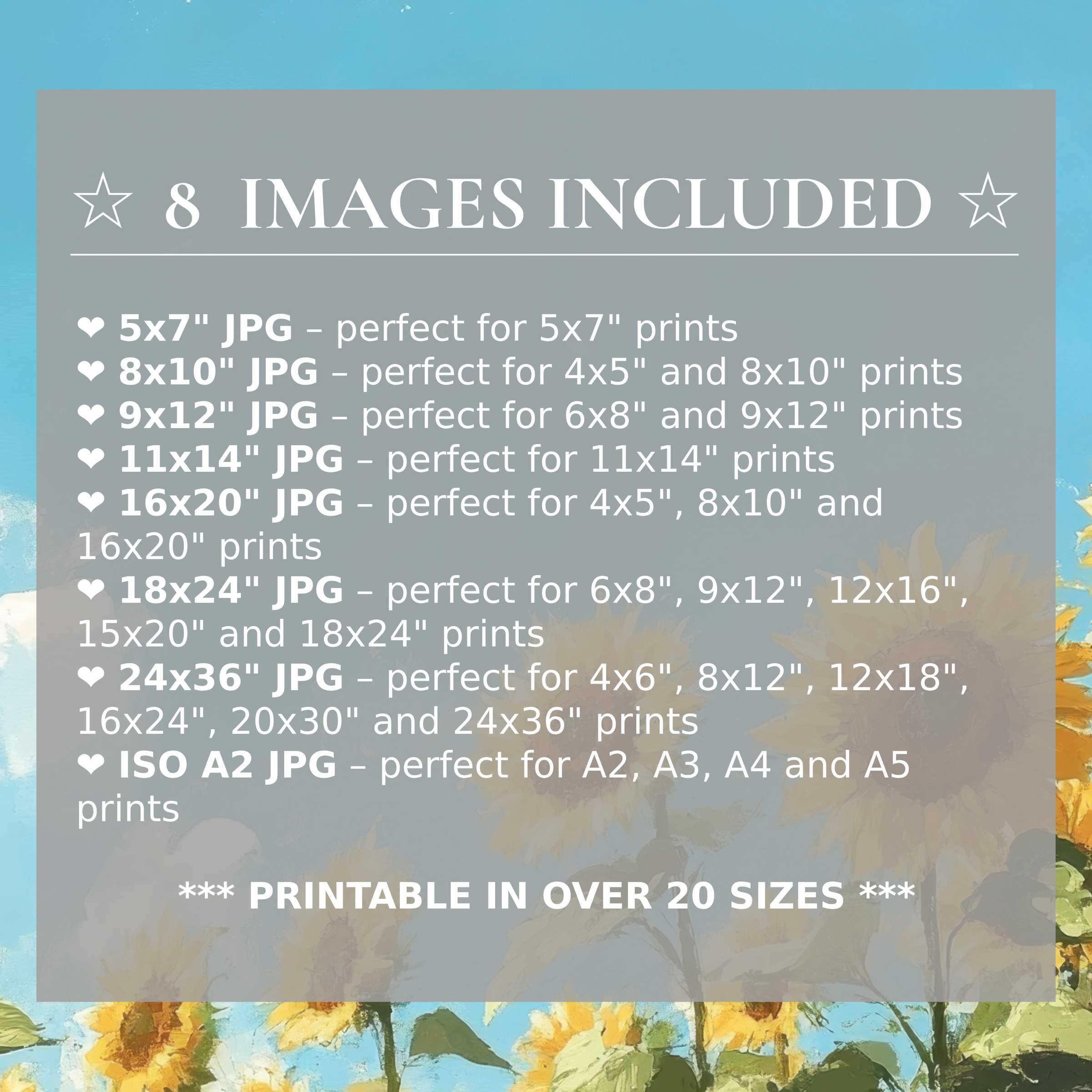 Radiant spring digital print featuring golden sunflowers against a serene blue sky, delivered in 8 high-quality sizes to elevate modern interiors with effortless style and versatile elegance