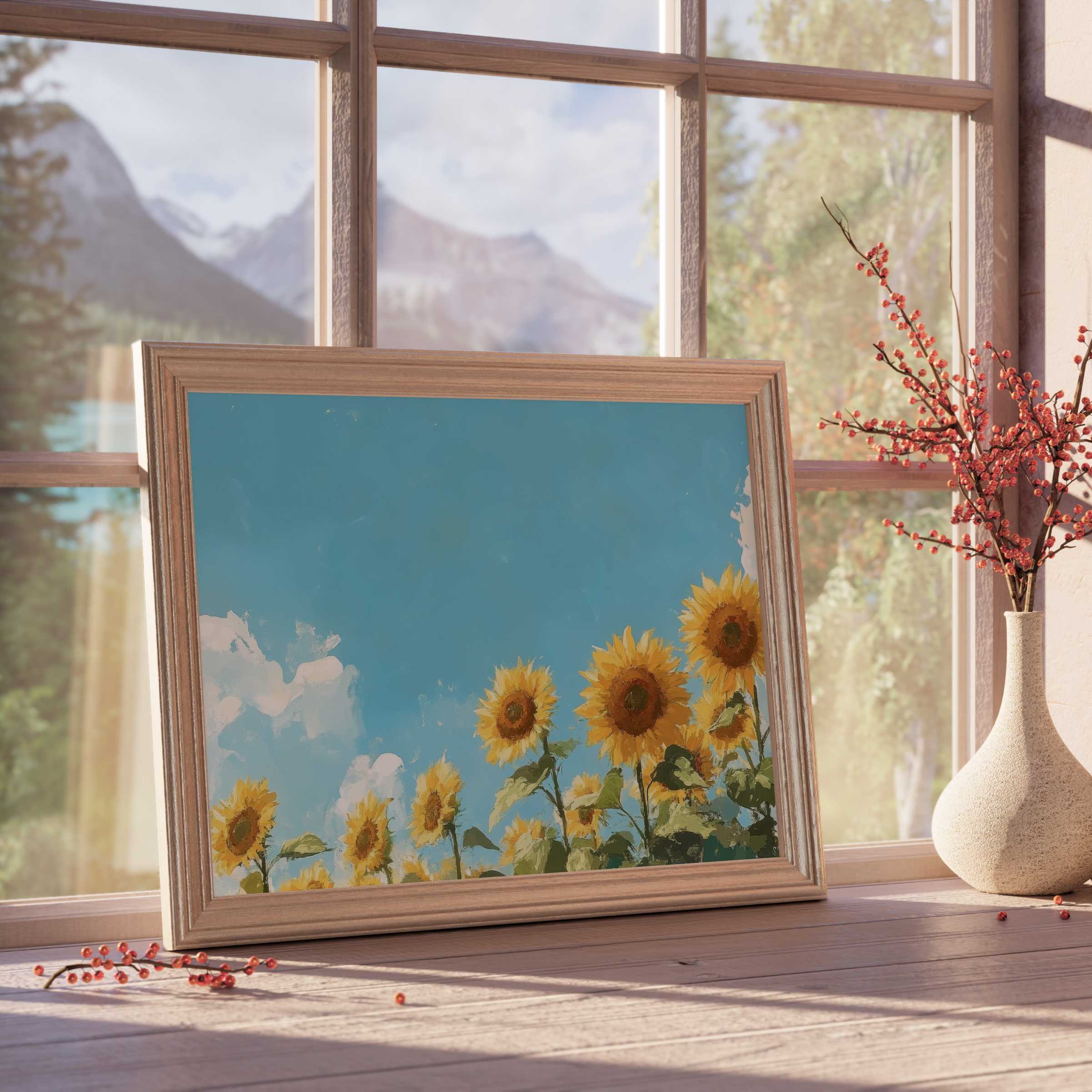 Sunlit spring downloadable art featuring vibrant sunflowers against a serene blue sky, perfect for elegant, tranquil interiors