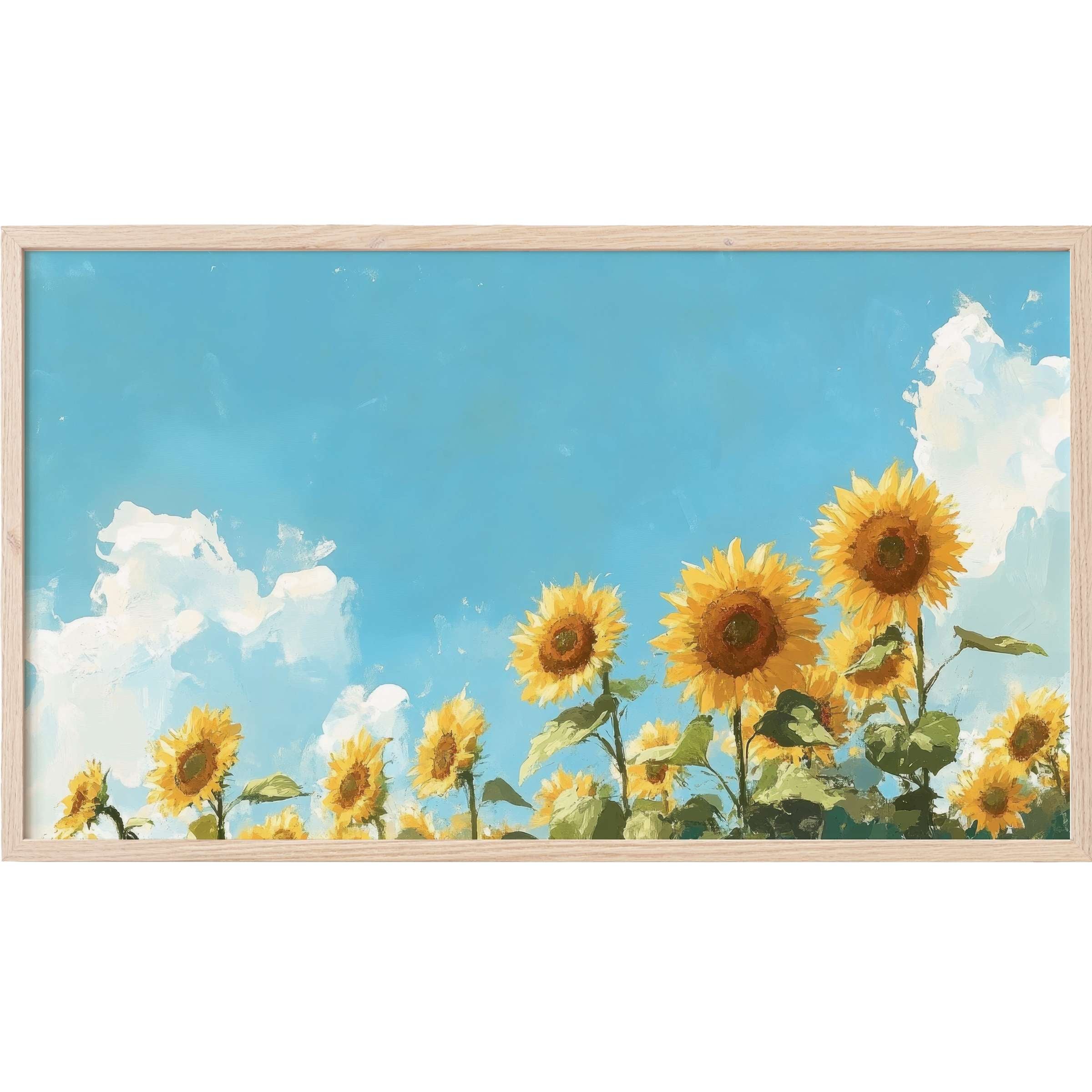 Bright sunflowers against a vivid blue sky with soft clouds, showcasing elegant spring Frame TV Art