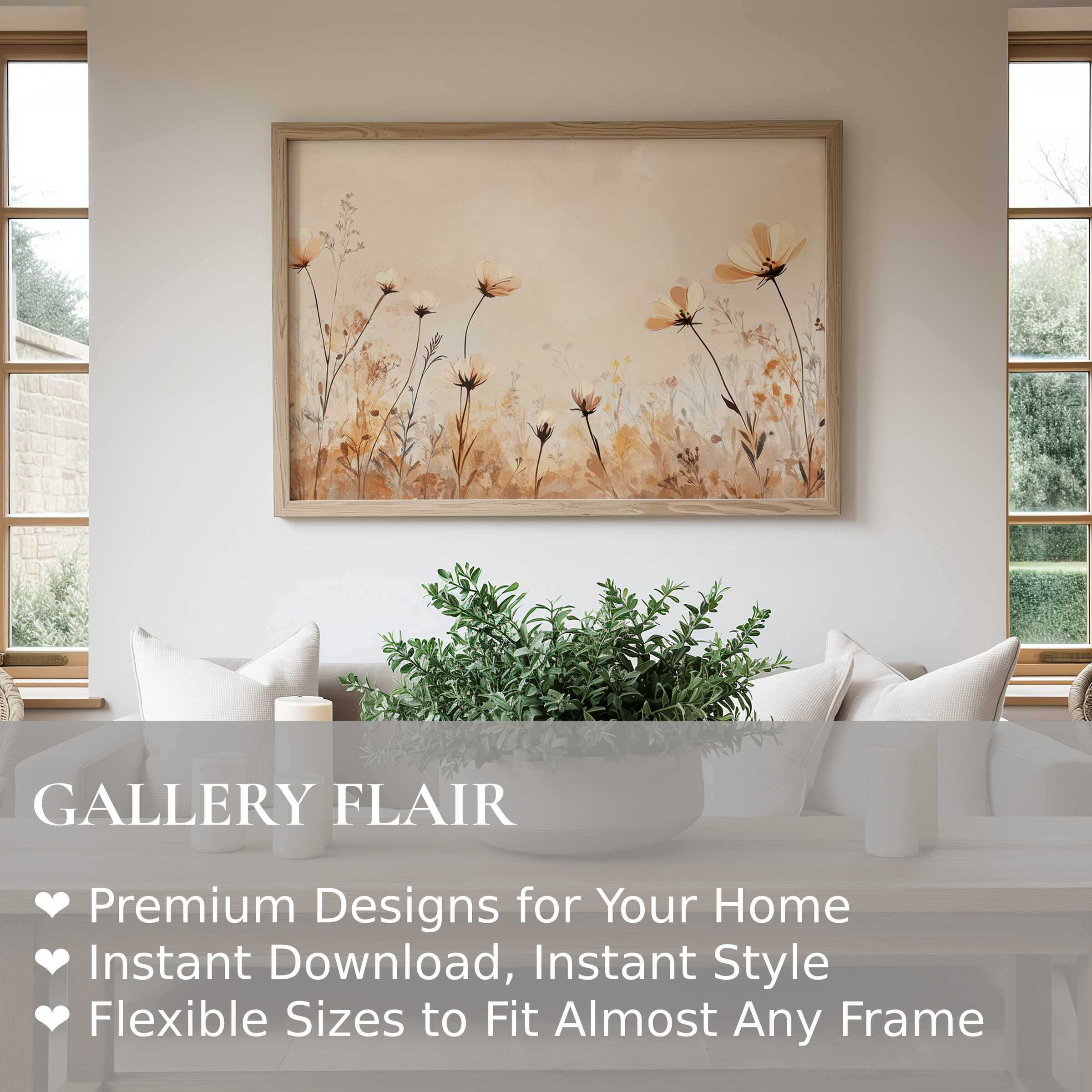 Boho wall art print featuring soft, warm wildflowers in earthy tones, enhancing a serene, modern minimalist living room