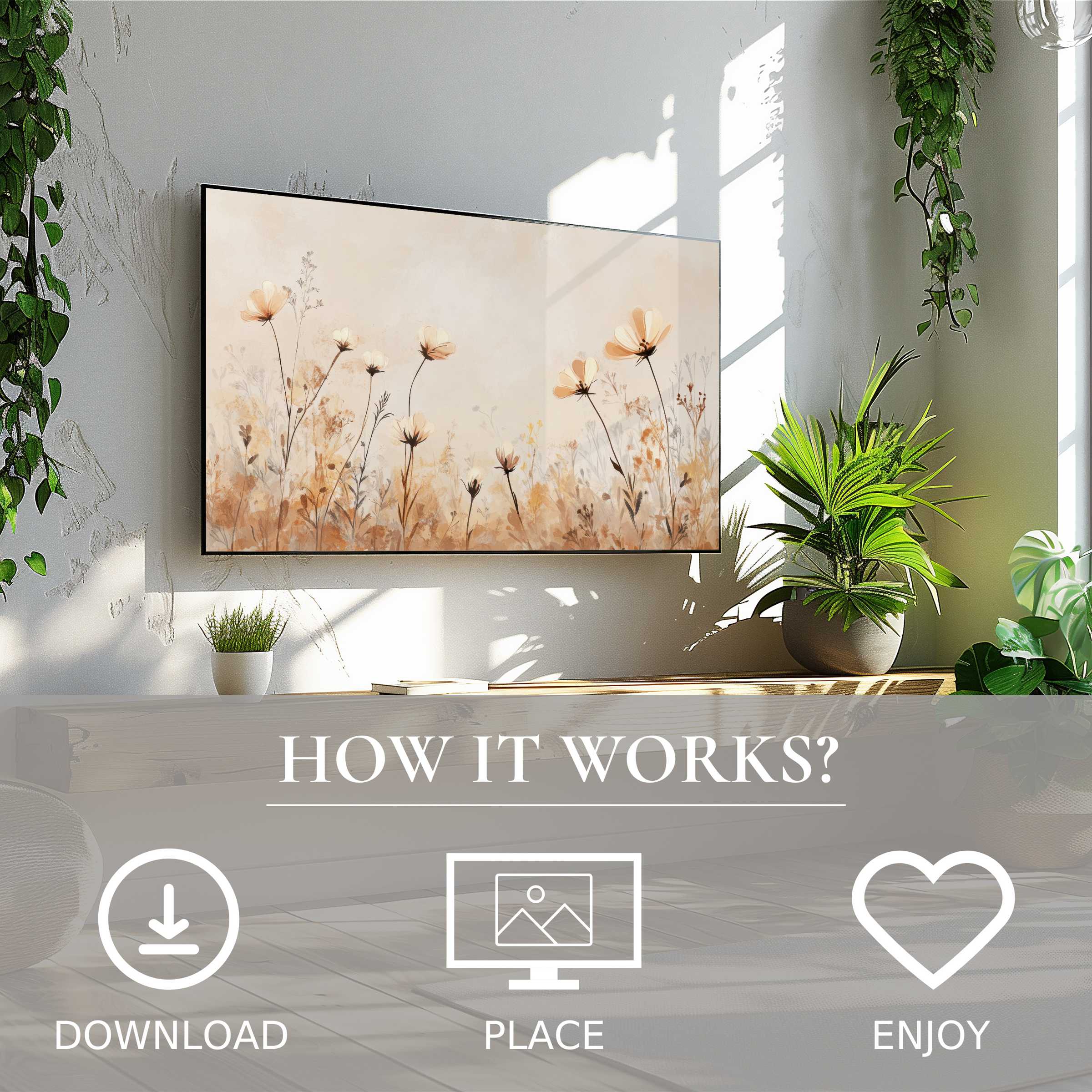 Boho art for Samsung TV shows soft sunset-toned flowers, easy digital download enriching any modern living room space