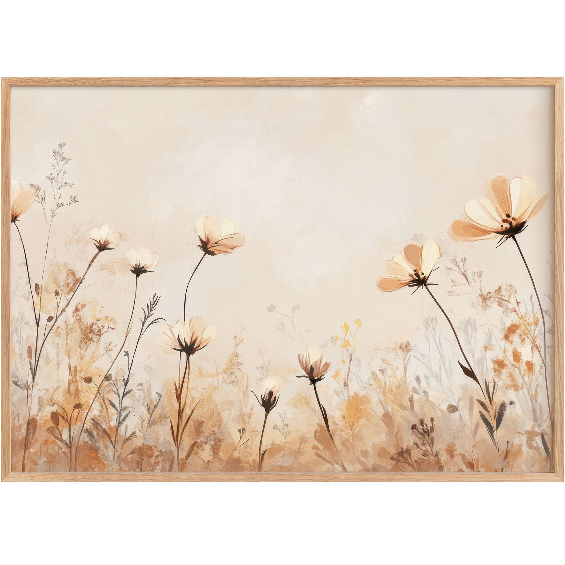Boho printable wall art with soft beige and warm amber tones, evoking a serene, radiant floral landscape for elegant interiors