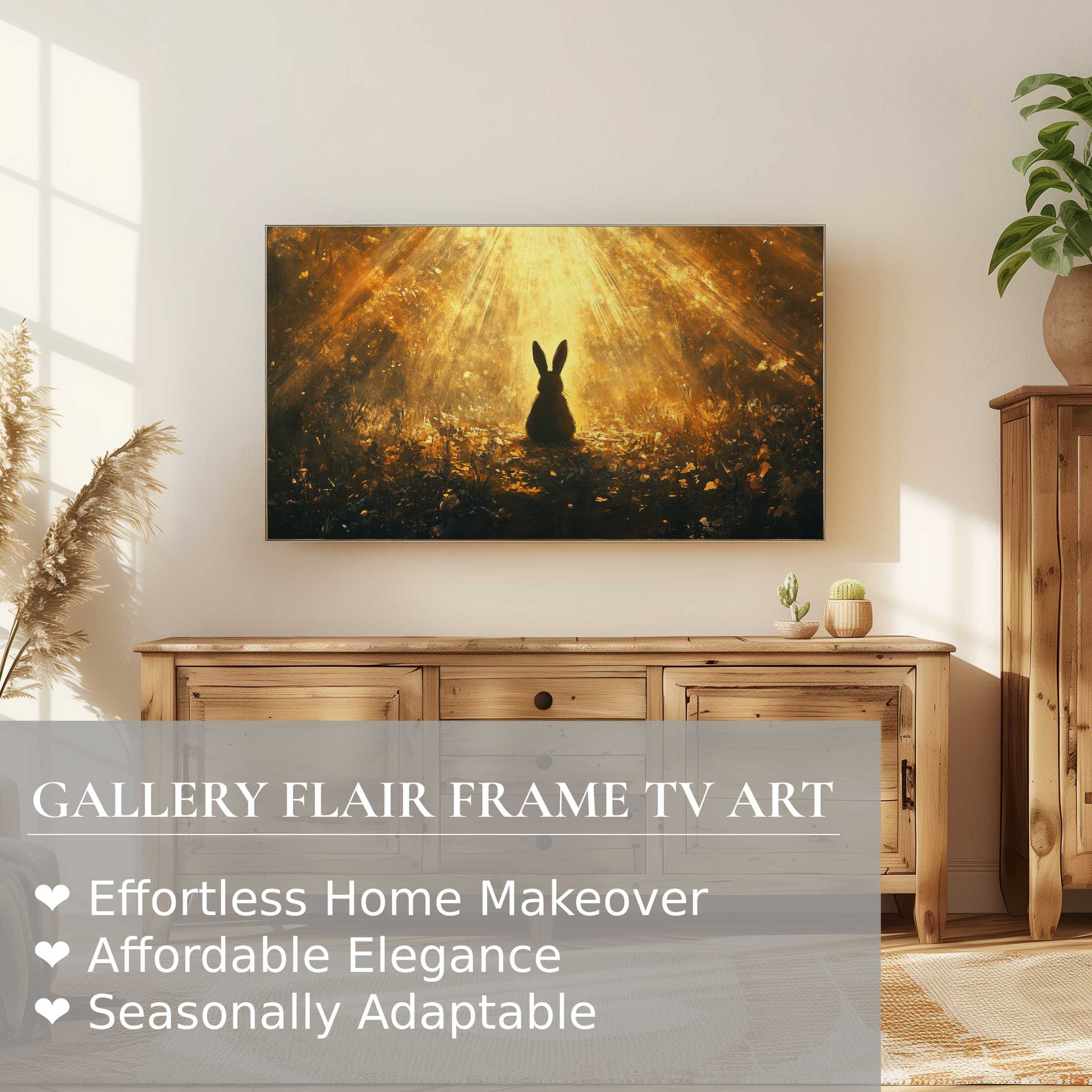 Samsung Frame TV displays warm, glowing easter digital artwork of a bunny in a serene woodland setting