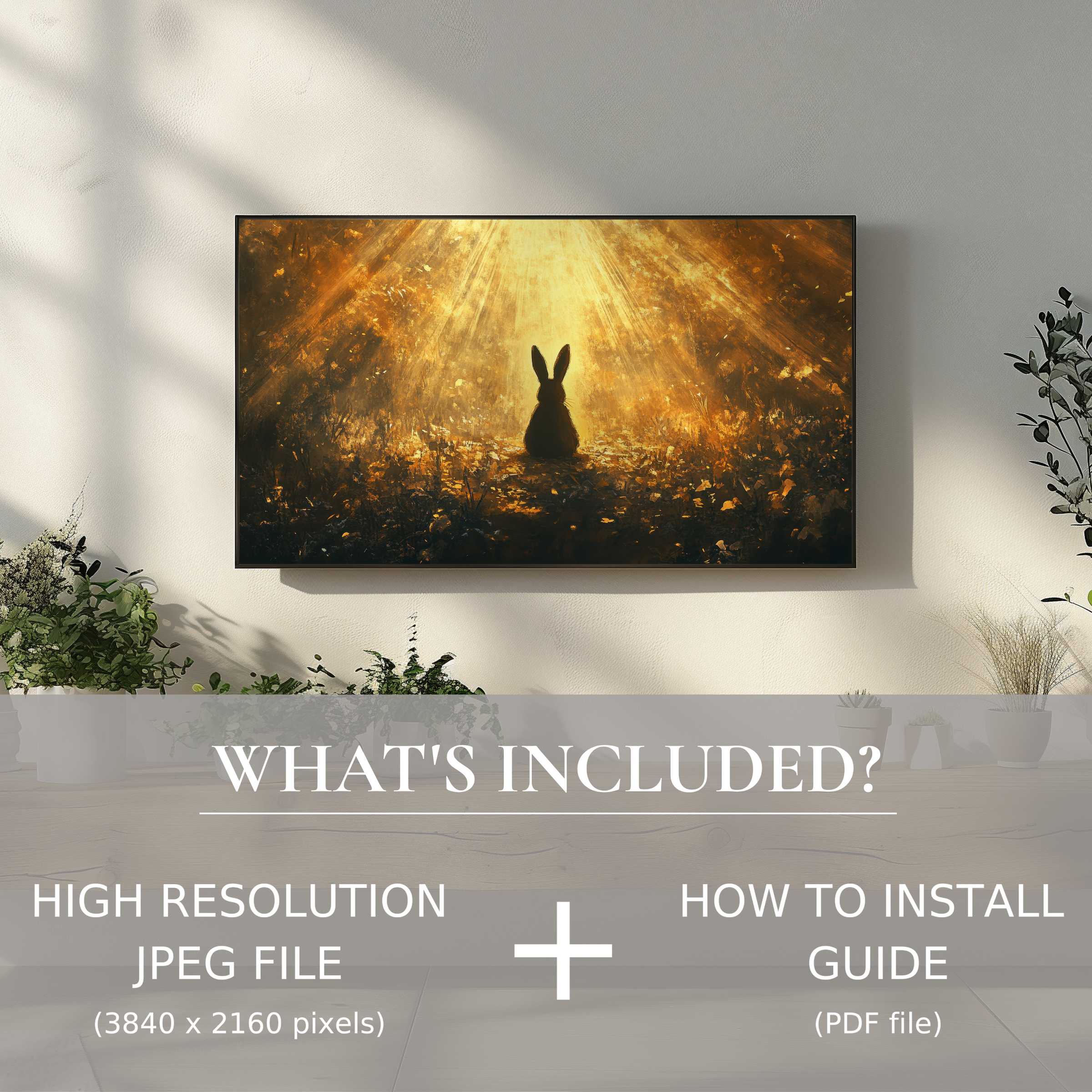 Elegant living space illuminated by warm bunny scene, offering an easy easter digital TV art download for decor enhancement