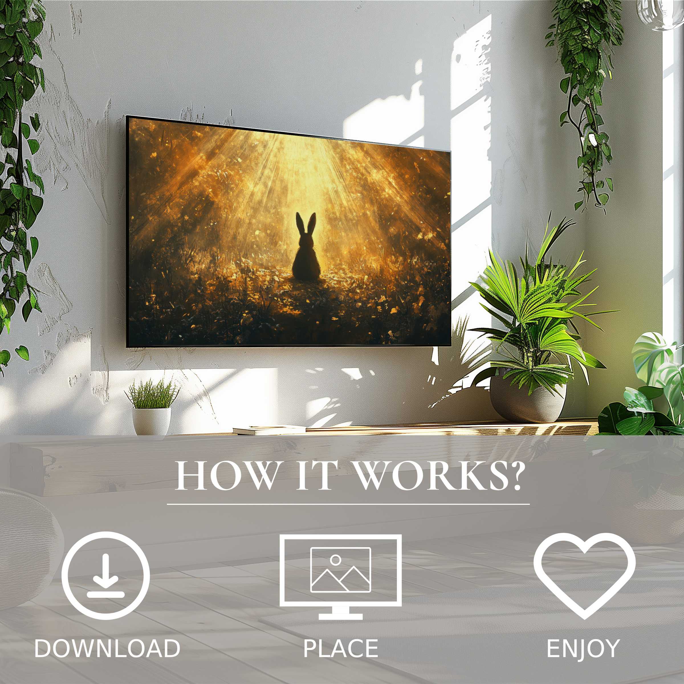 Easter art for Samsung TV shows warm sunrise tones with a bunny silhouette; simple digital download enhances modern living spaces