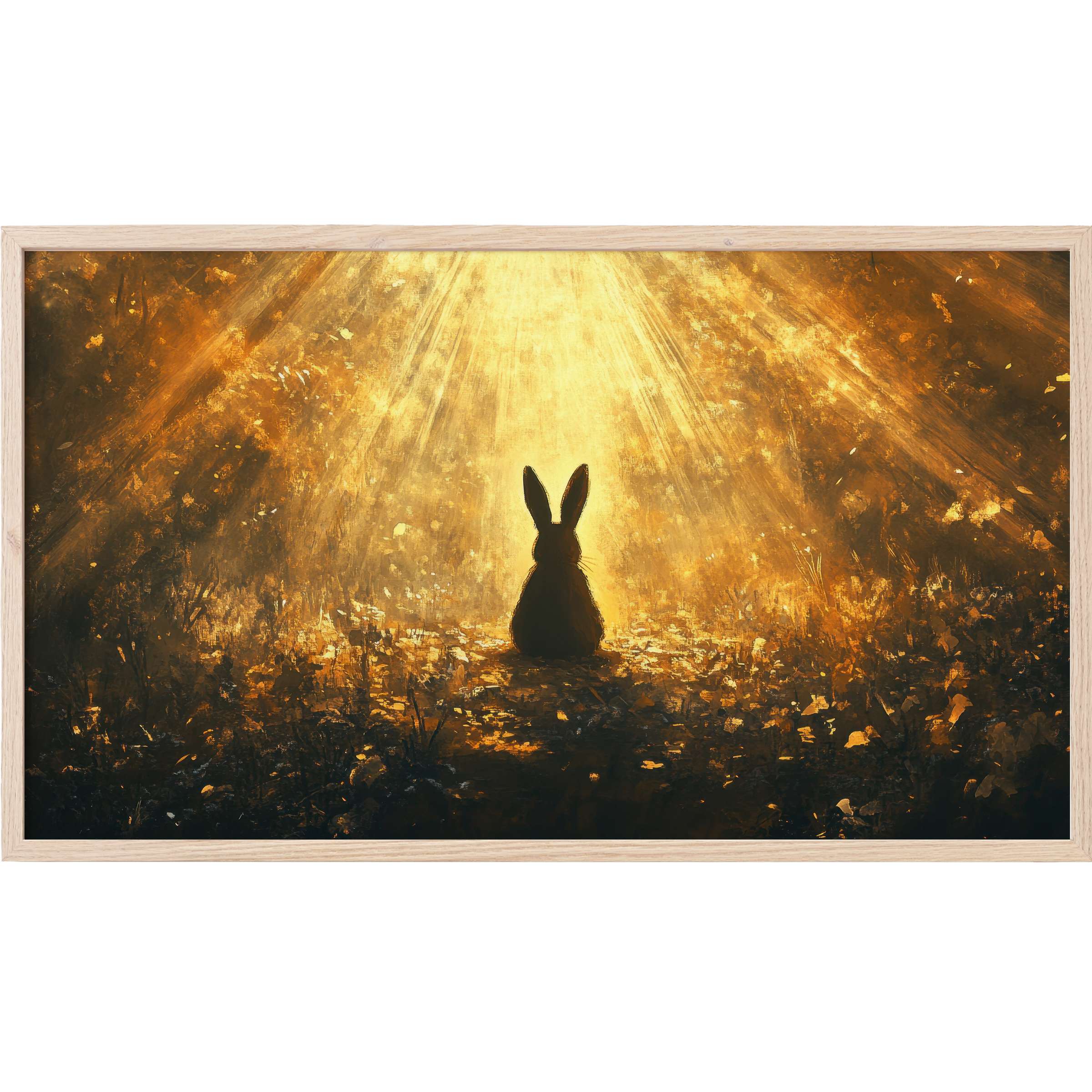 easter Frame TV Art showing a silhouette bunny bathed in warm golden light with textured, impressionistic style