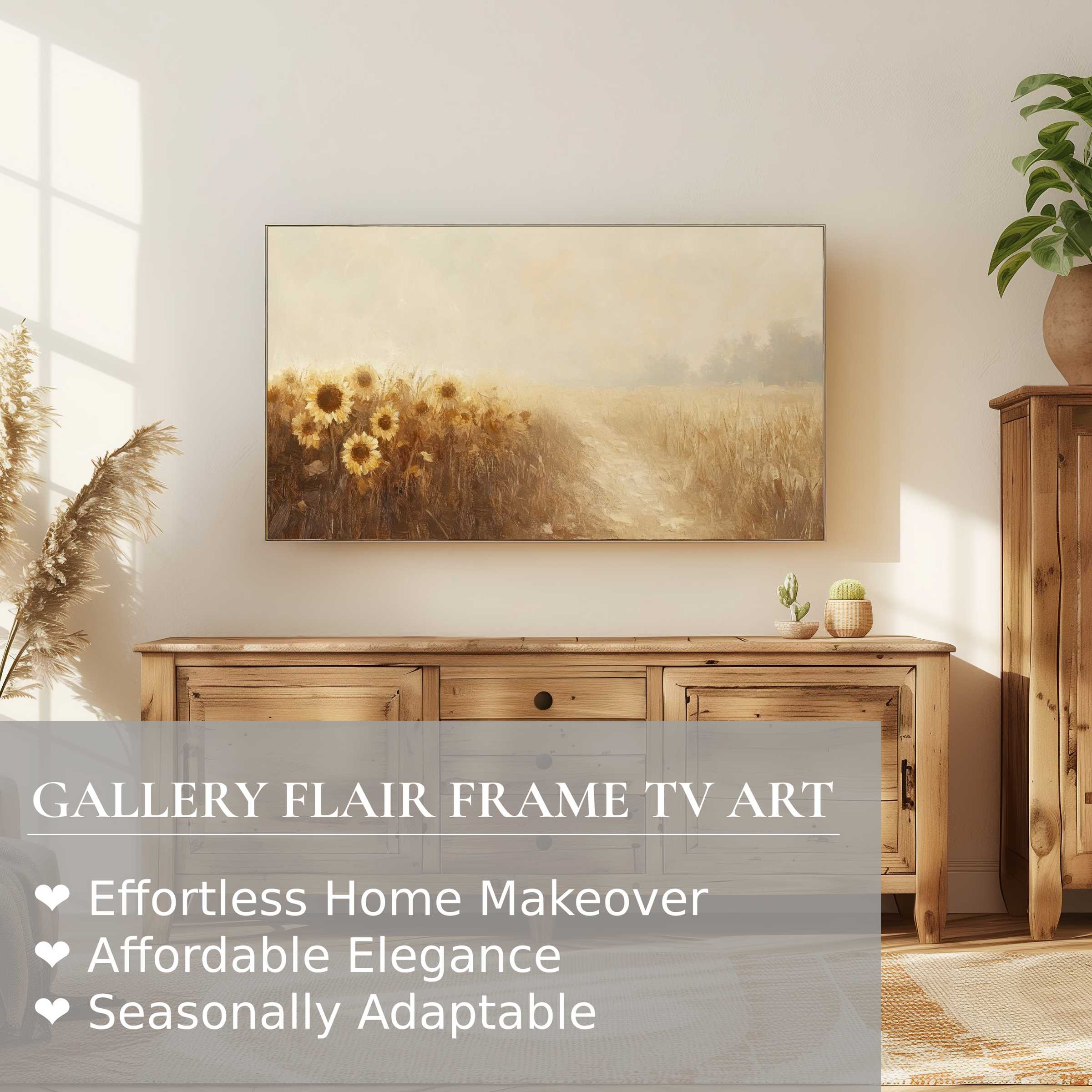 Samsung Frame TV displaying serene fall digital artwork of sunflowers in a soft, muted modern setting
