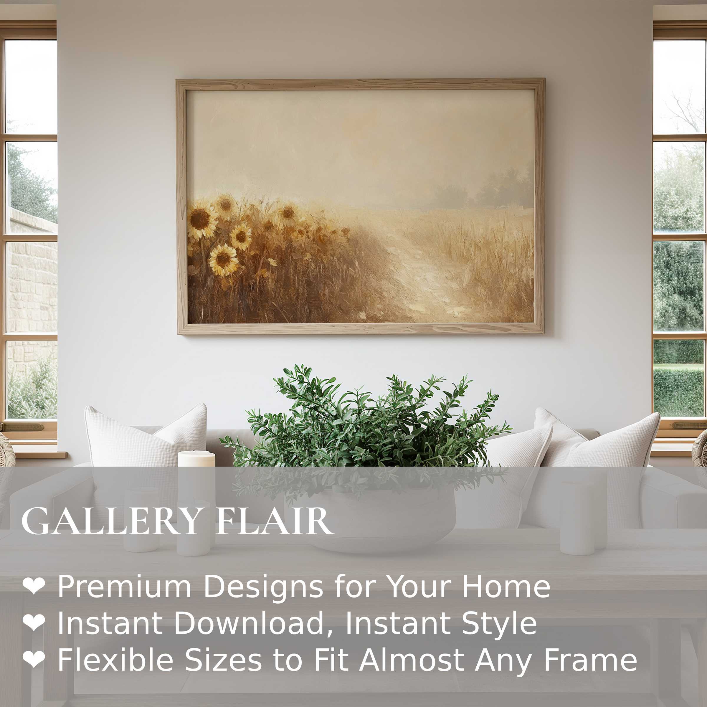 Elegant fall wall art print featuring serene sunflowers and soft earthy tones, enhancing modern rustic interiors with radiant warmth and calm