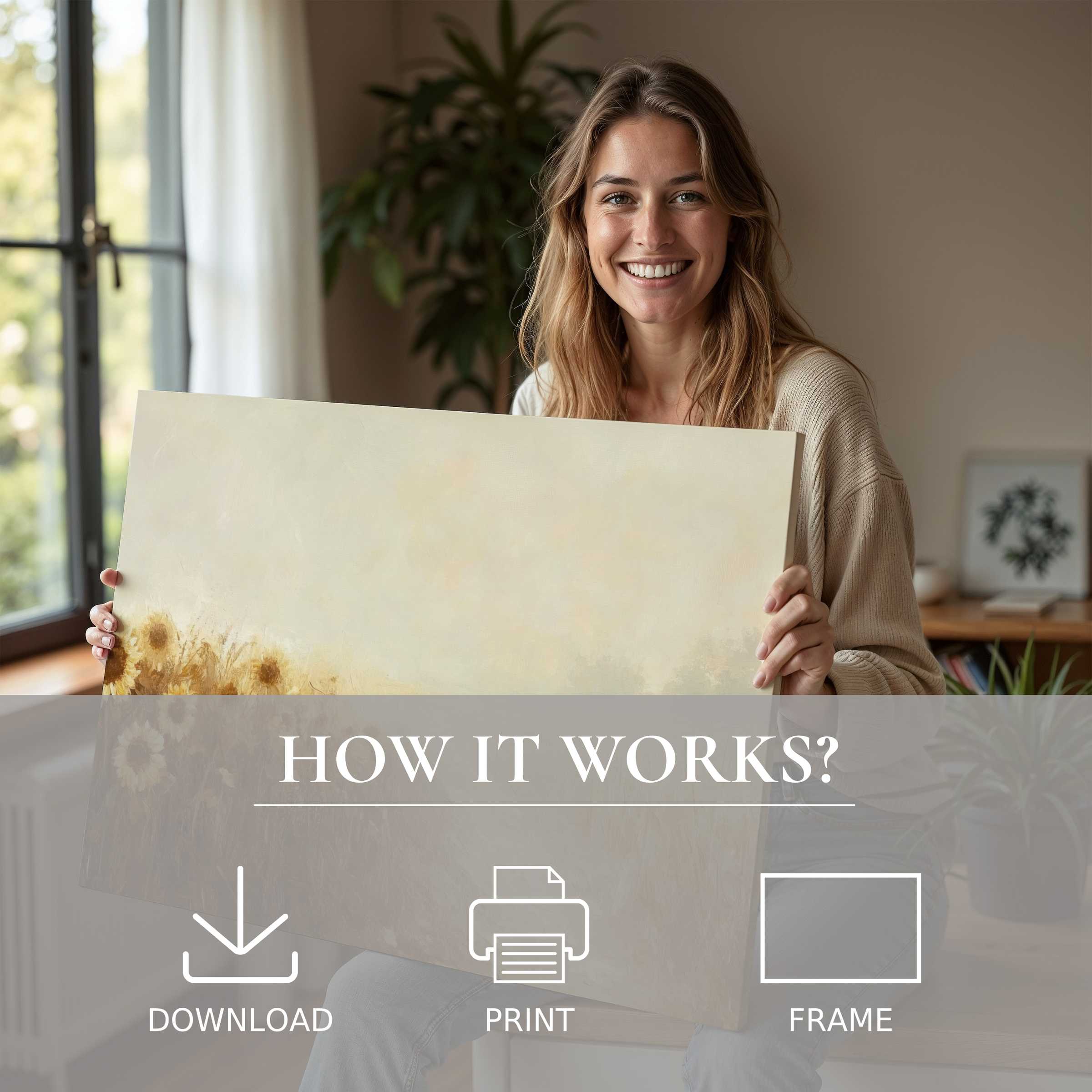 Woman radiates joy in a sunlit modern home, embracing the serene warmth of fall digital art print in soft earth tones