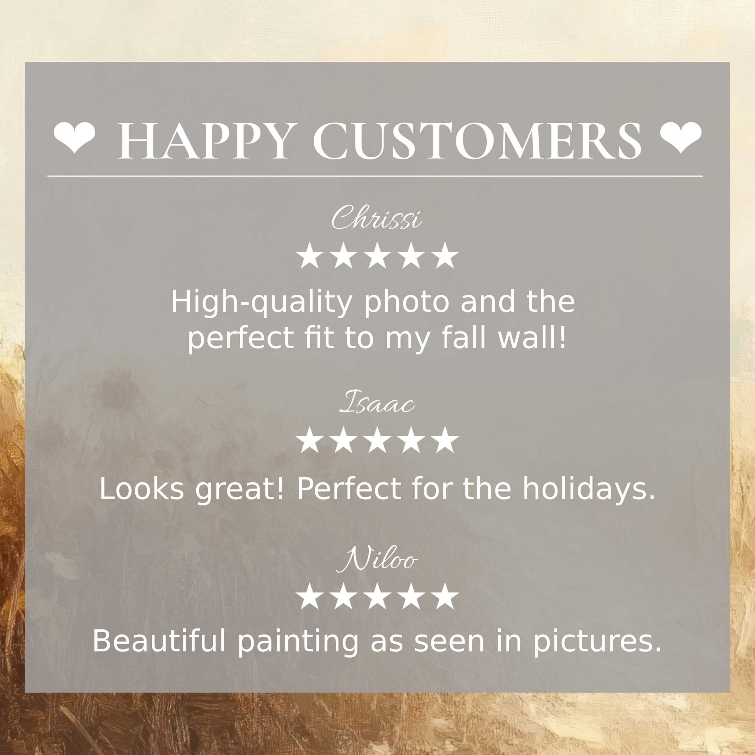 Refined fall art for Frame TV with abstract earth tones, highlighting happy customer reviews and elegant design trust