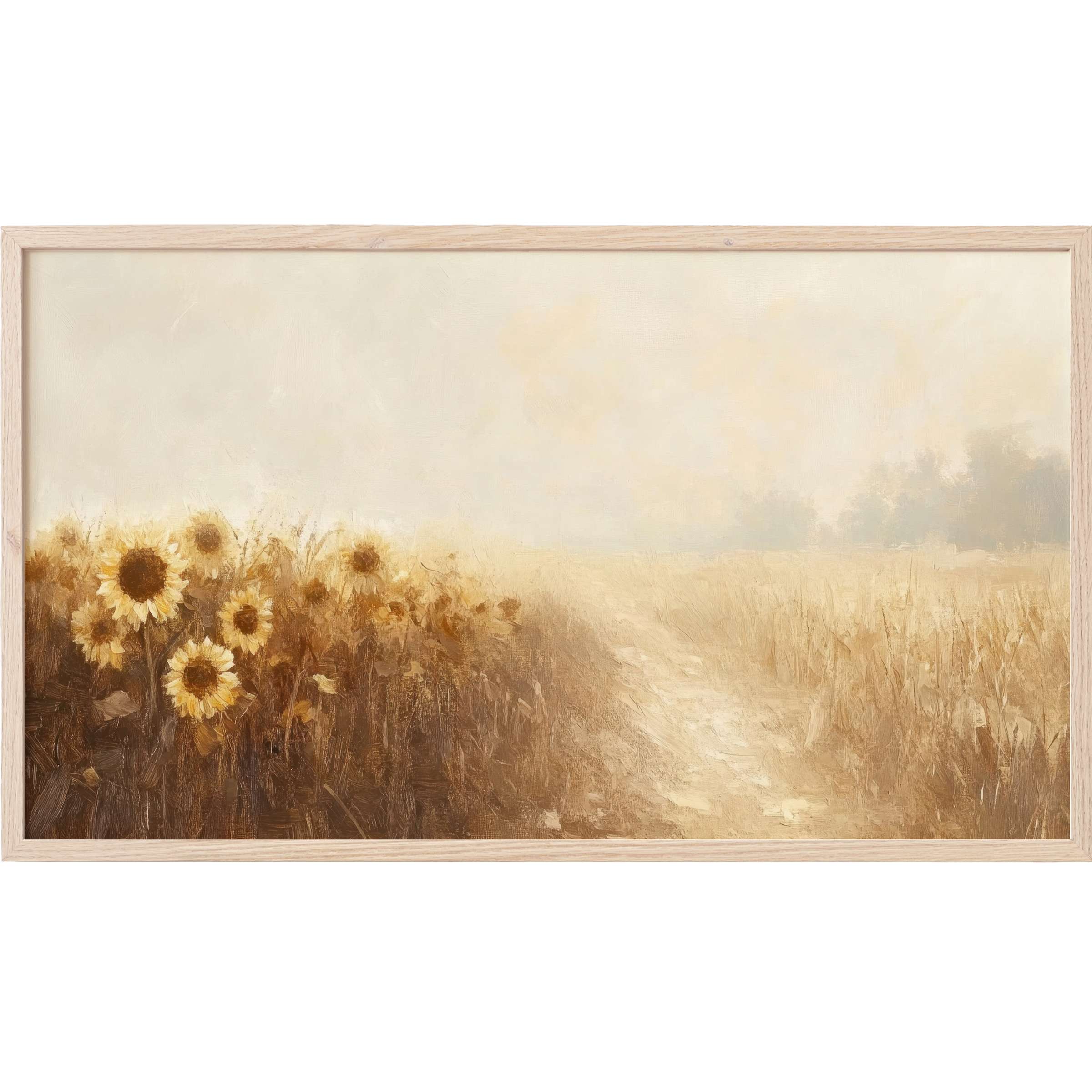 Soft golden sunflowers fade into misty fields in warm neutrals in this serene Fall Frame TV Art