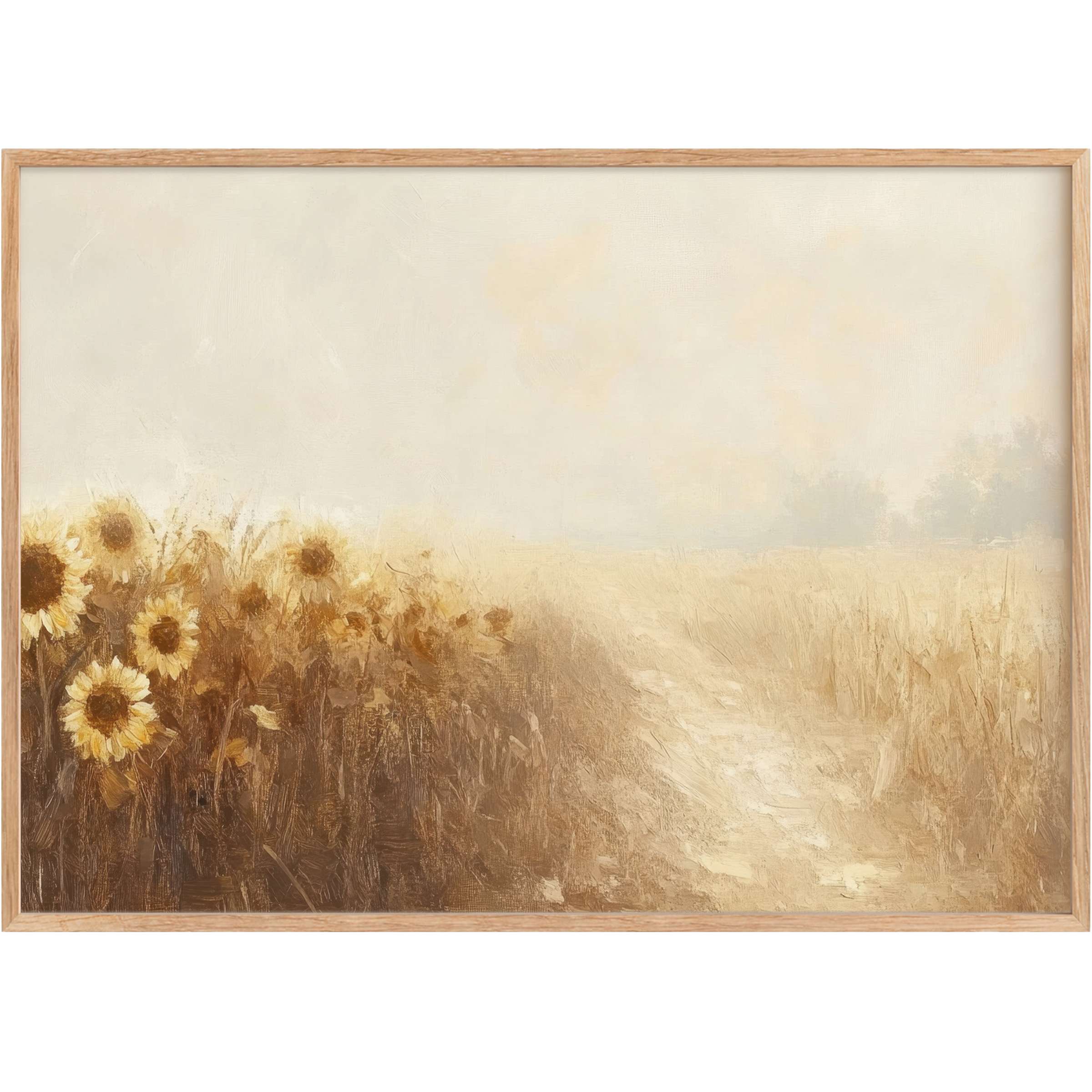 Elegant fall printable wall art featuring soft golden sunflowers and muted earth tones, creating a warm, serene ambiance