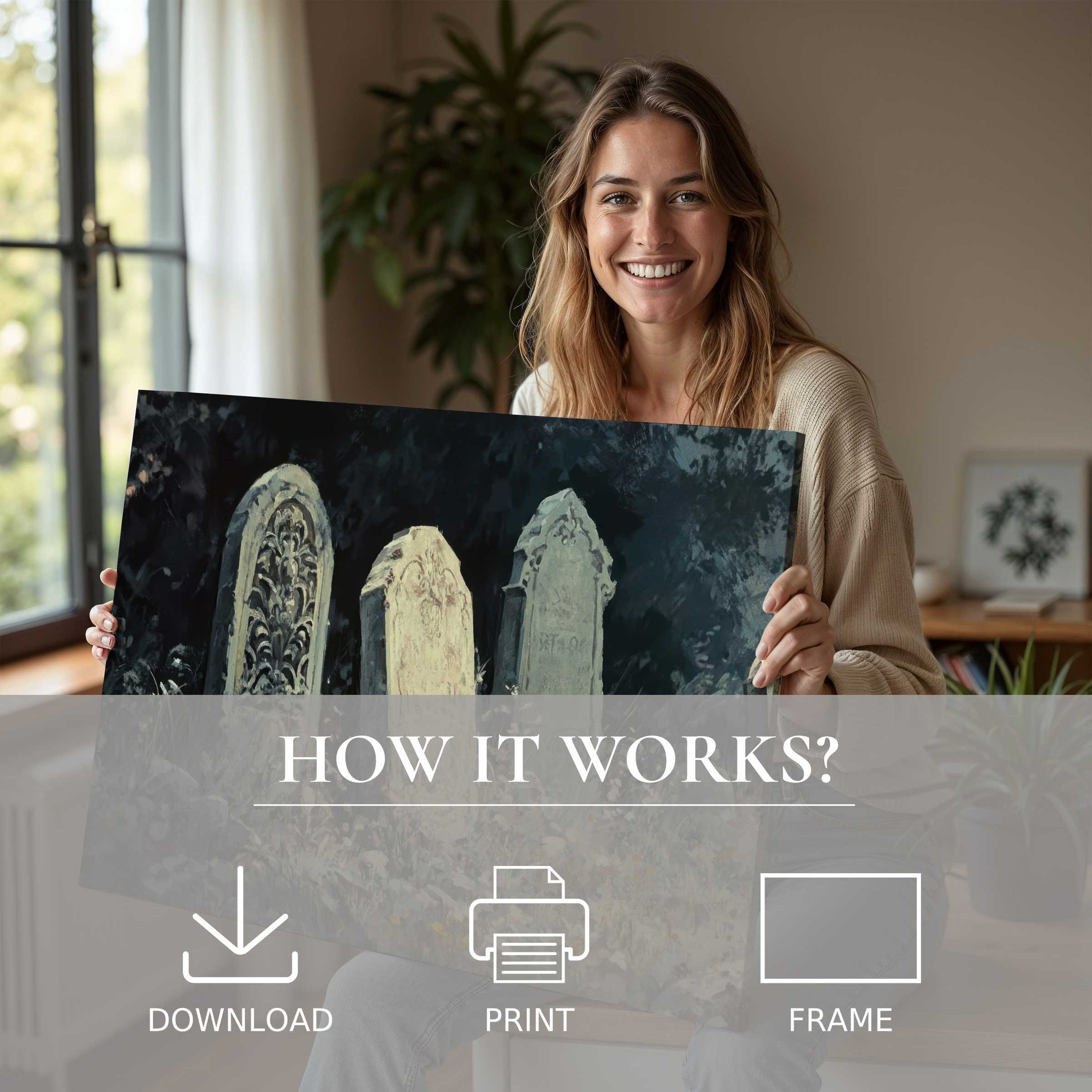 A serene moment of connection as a woman shares a Halloween digital art print, blending timeless allure with modern living