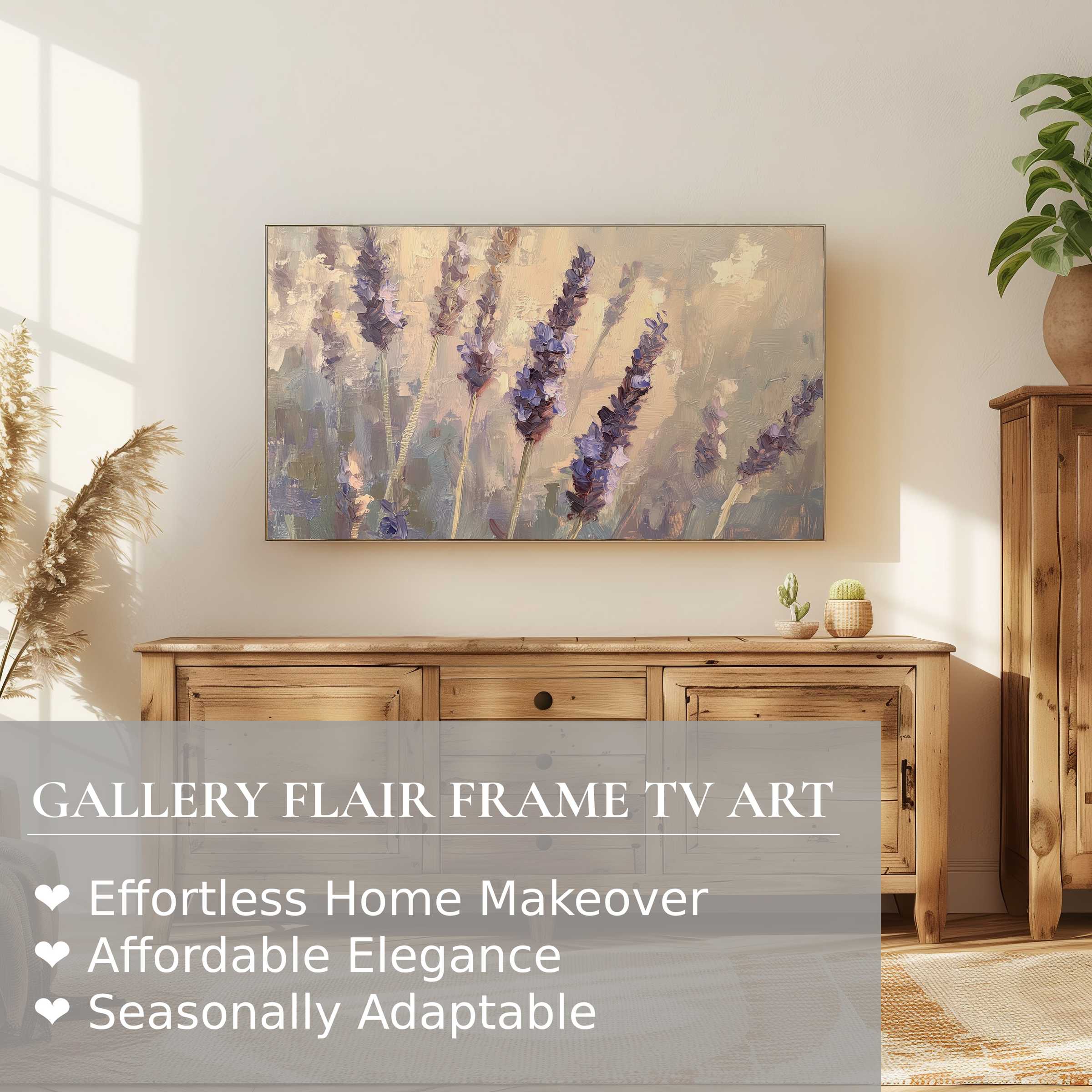 Samsung Frame TV showcasing botanical digital artwork in soft lavender hues for refined modern decor